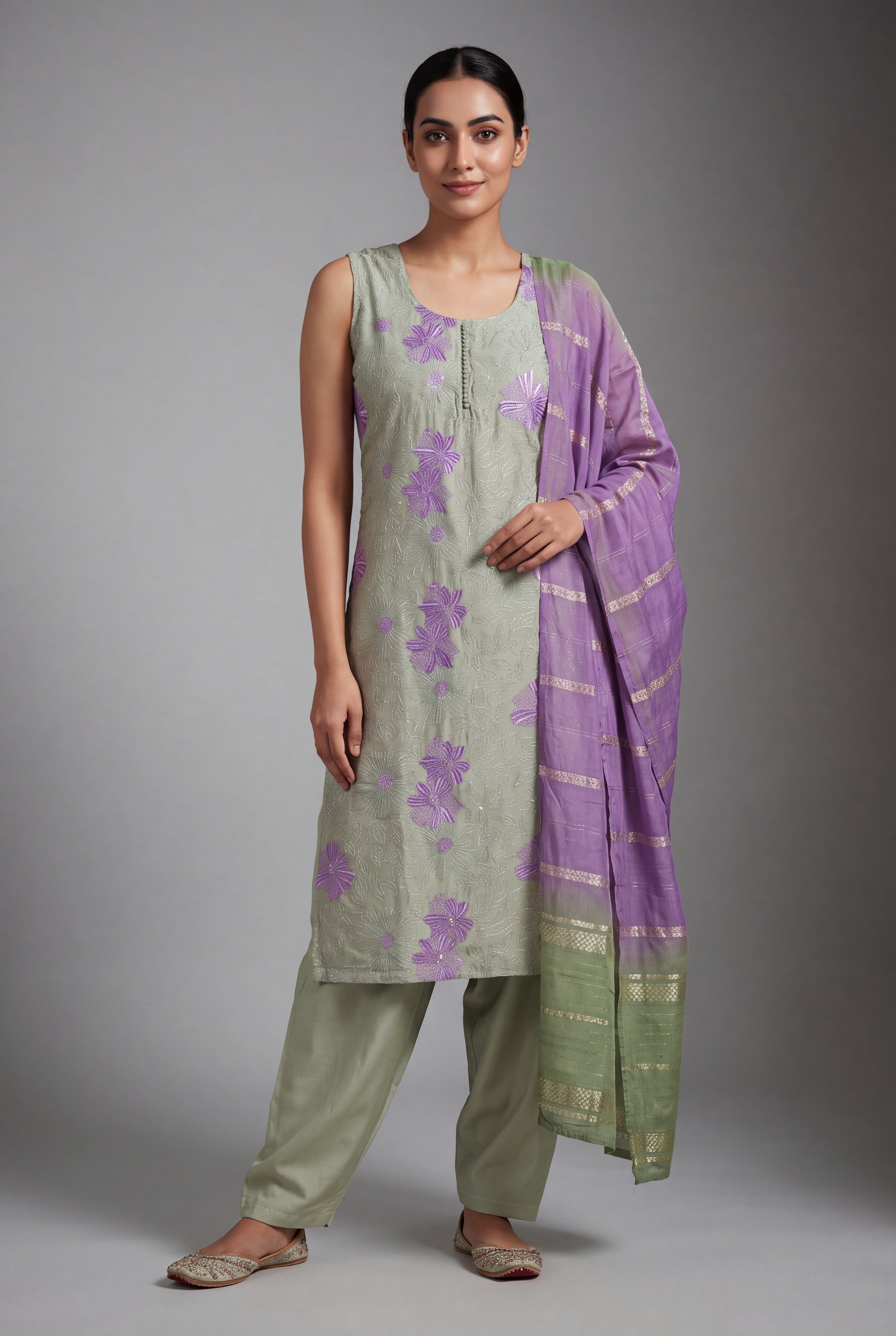Pistachio Green Soft Silk Suit Set with Śyāmapuṣpa threadwork and Sequin work