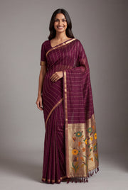 Plum Purple Jamdhani Cotton Paithani Saree with Zari Stripes and Sequins work
