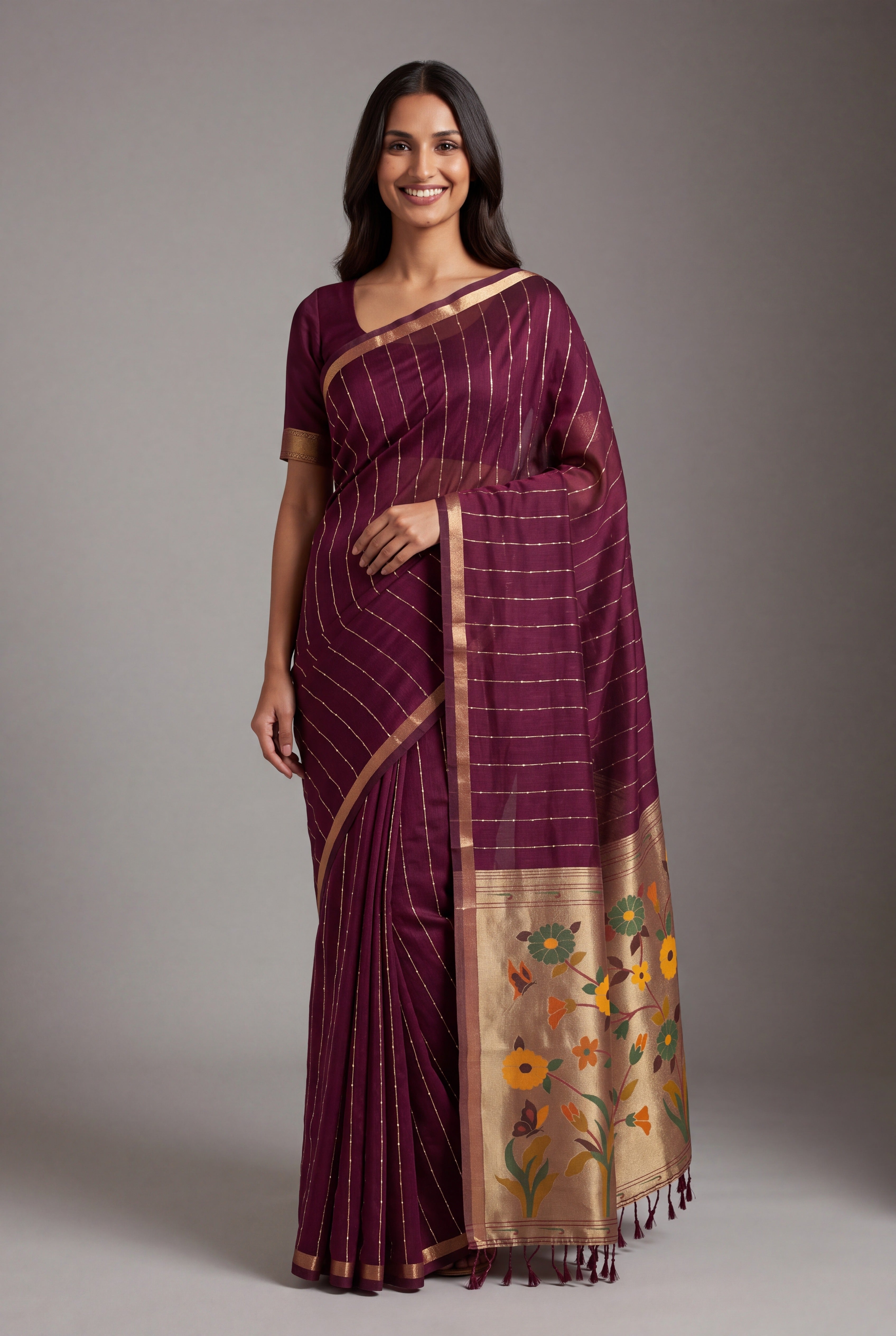 Plum Purple Jamdhani Cotton Paithani Saree with Zari Stripes and Sequins work