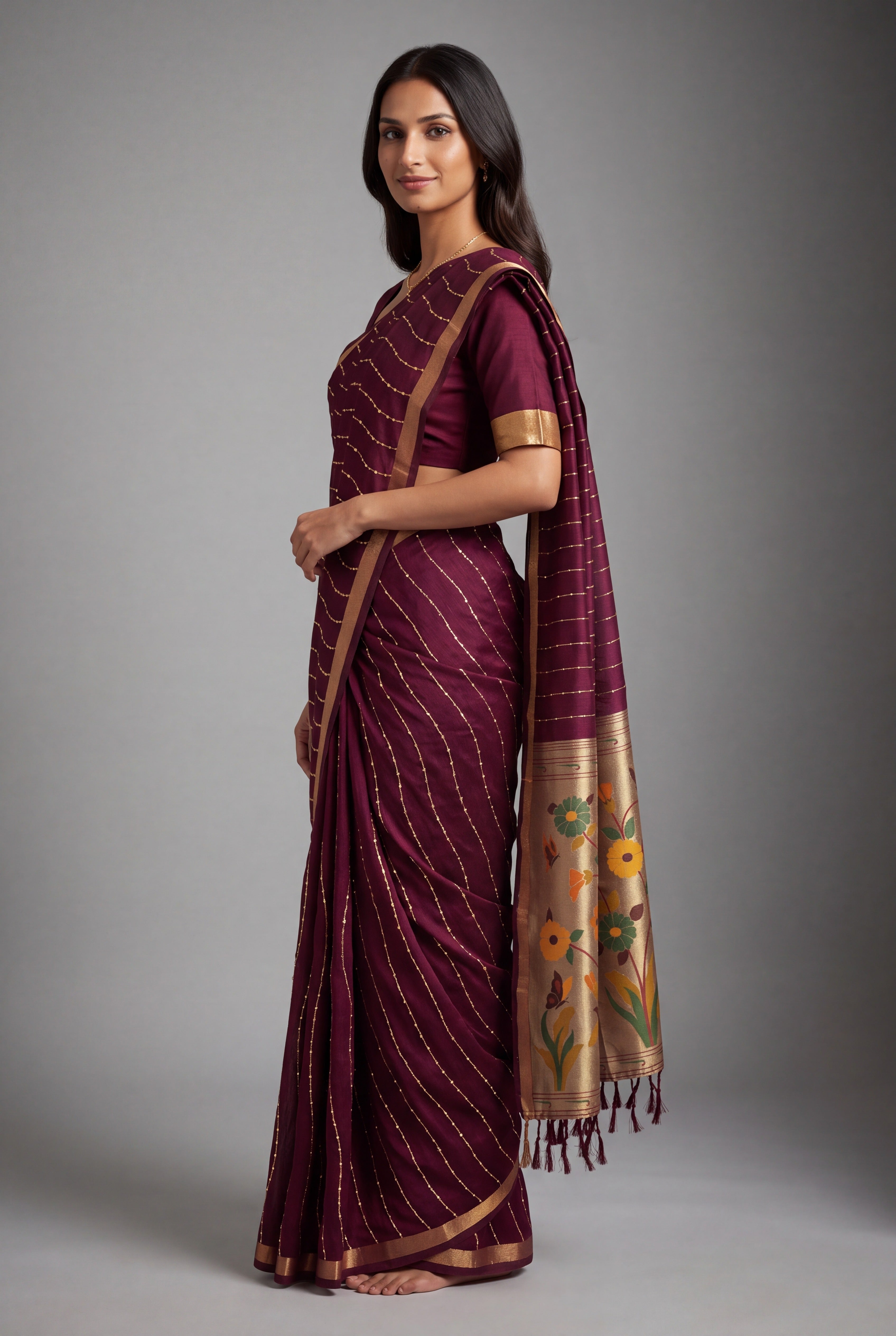 Plum Purple Jamdhani Cotton Paithani Saree with Zari Stripes and Sequins work