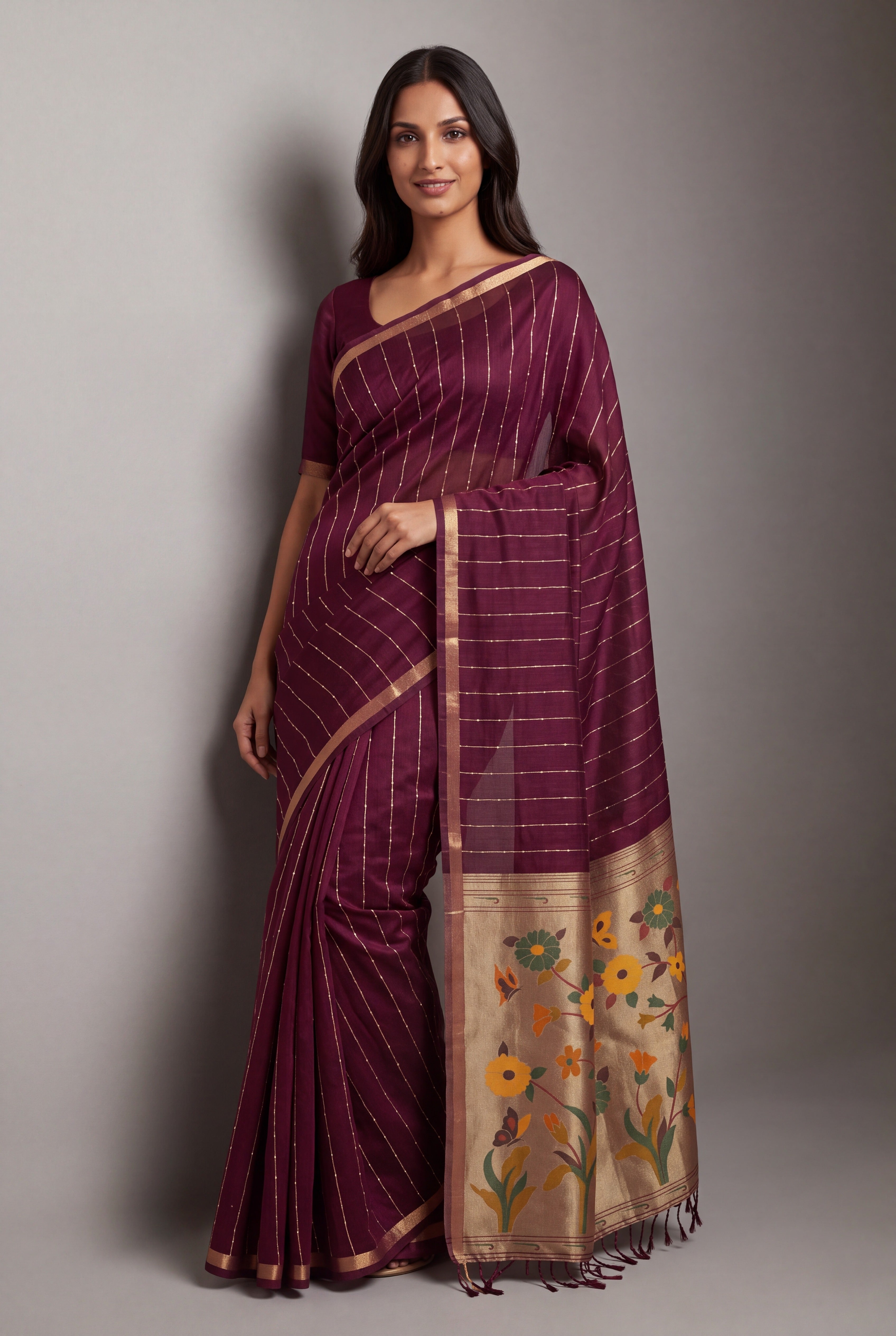 Plum Purple Jamdhani Cotton Paithani Saree with Zari Stripes and Sequins work
