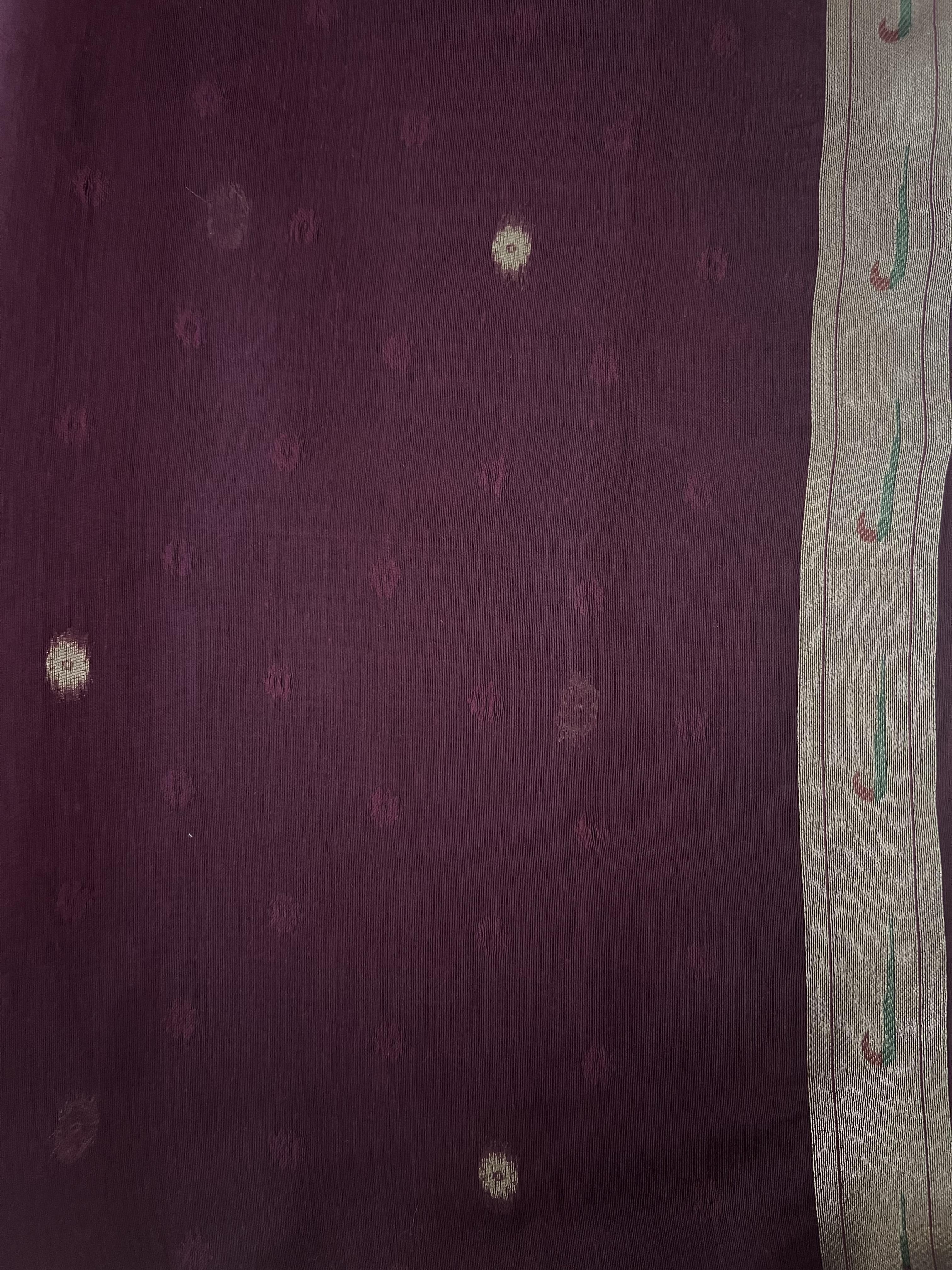 Plum Purple Jamdhani Cotton Paithani Saree with Zari Stripes and Sequins work