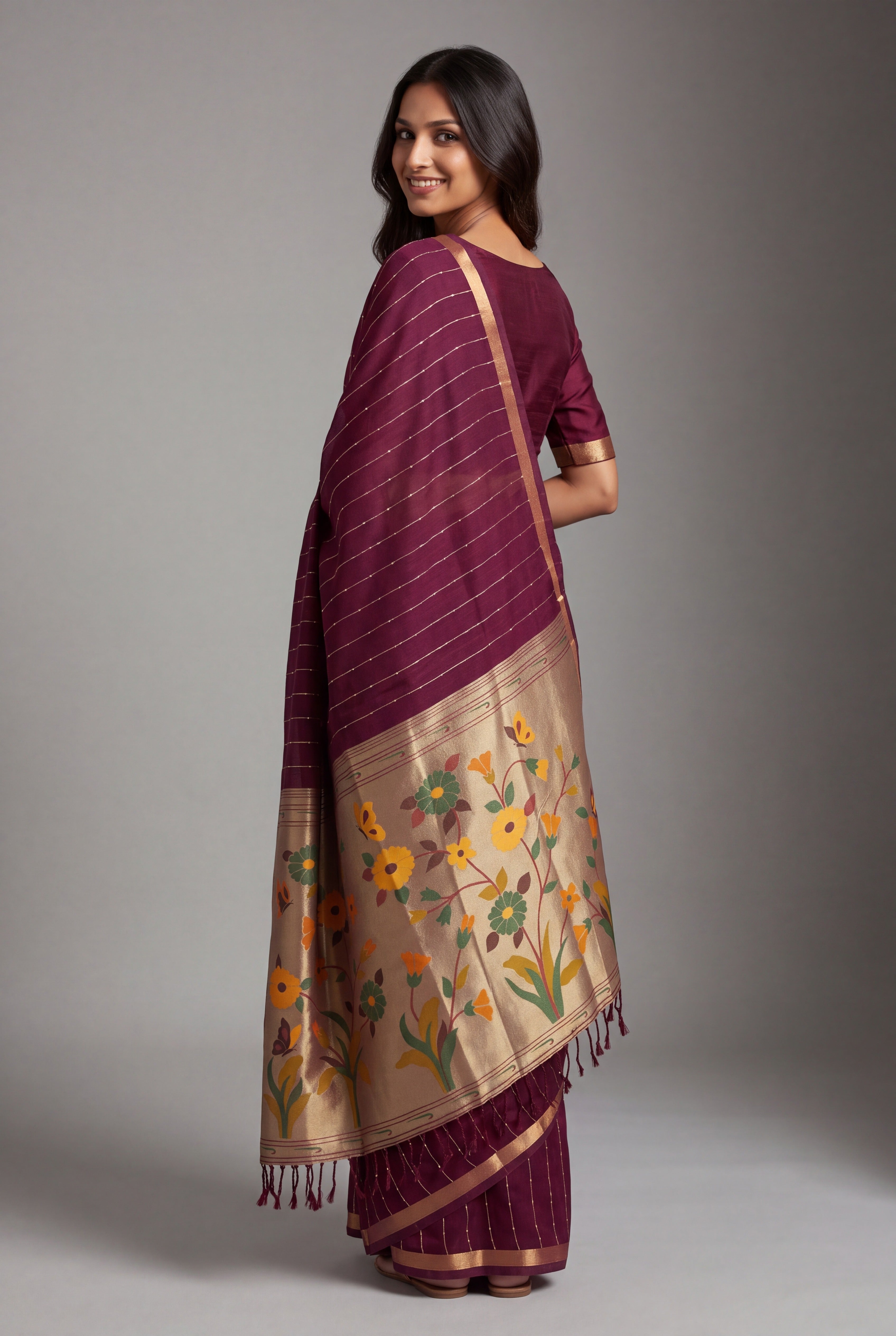 Plum Purple Jamdhani Cotton Paithani Saree with Zari Stripes and Sequins work