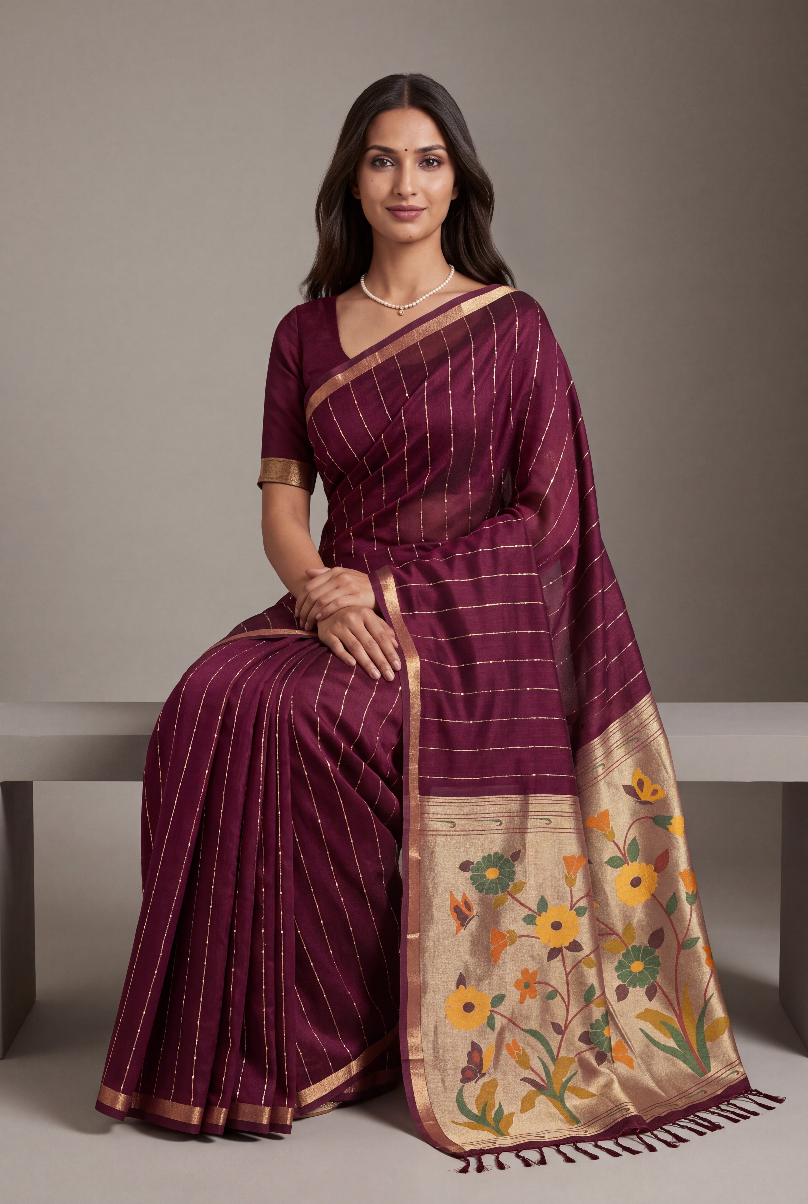 Plum Purple Jamdhani Cotton Paithani Saree with Zari Stripes and Sequins work