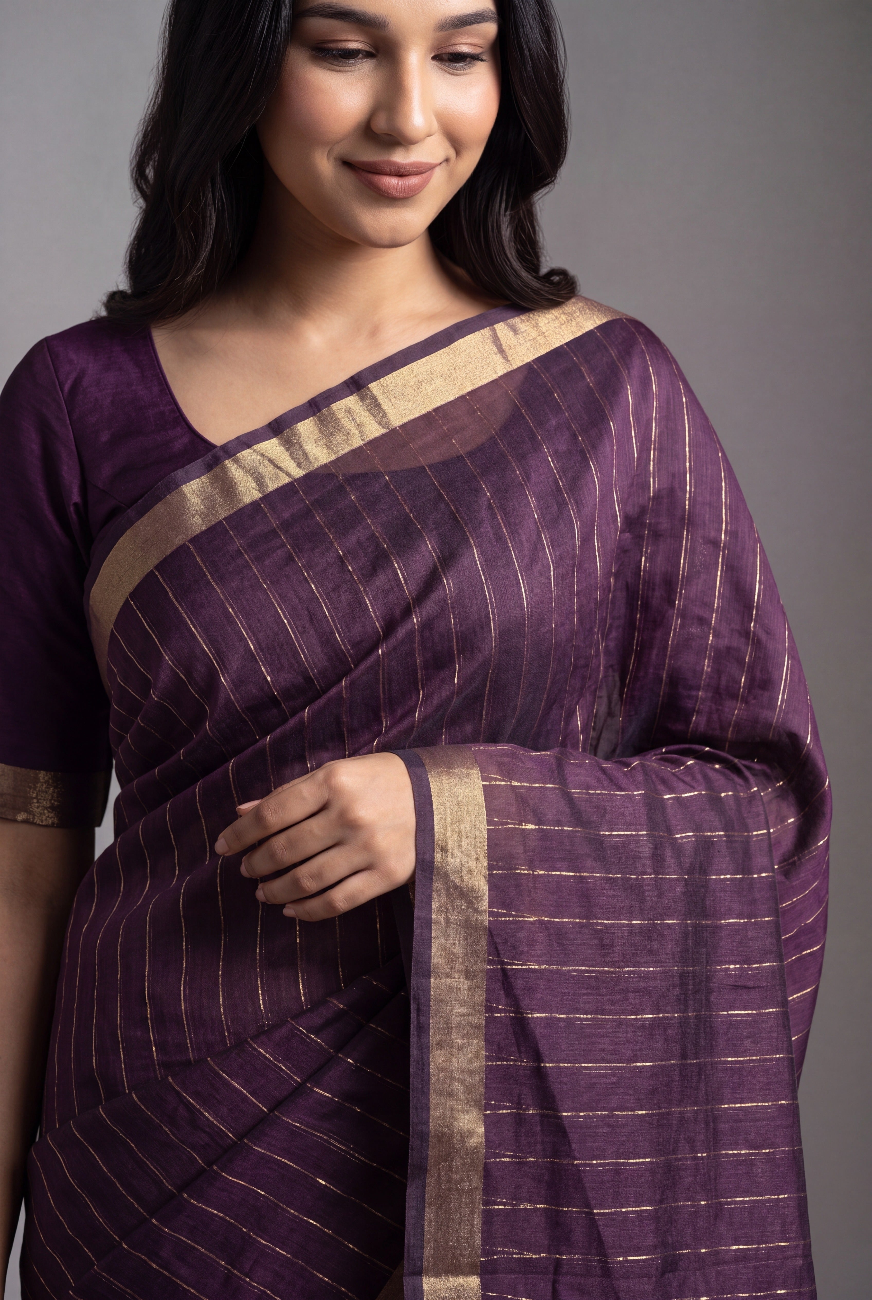 Plum Purple Jamdhani Cotton Paithani Saree with Zari stripes