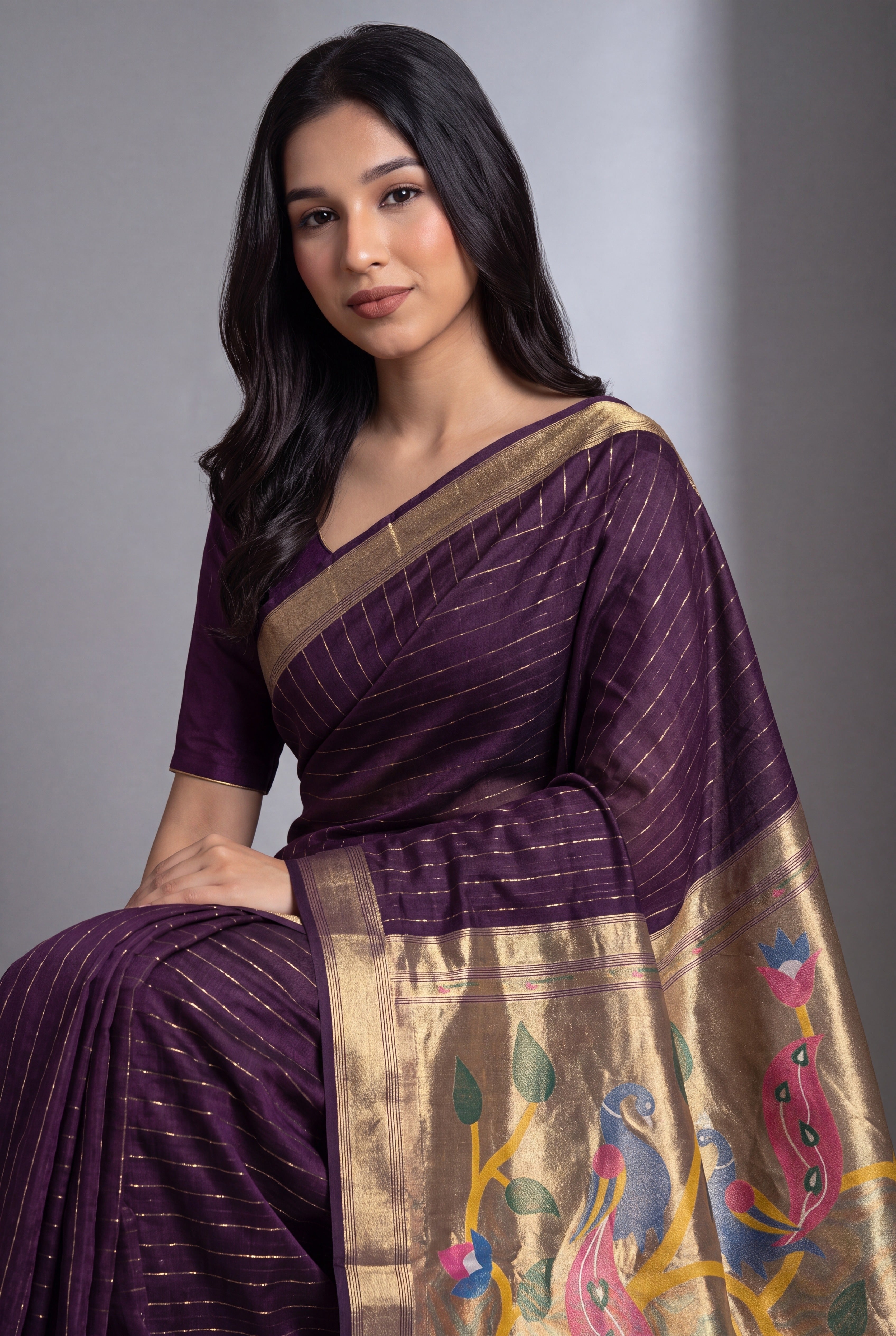 Plum Purple Jamdhani Cotton Paithani Saree with Zari stripes