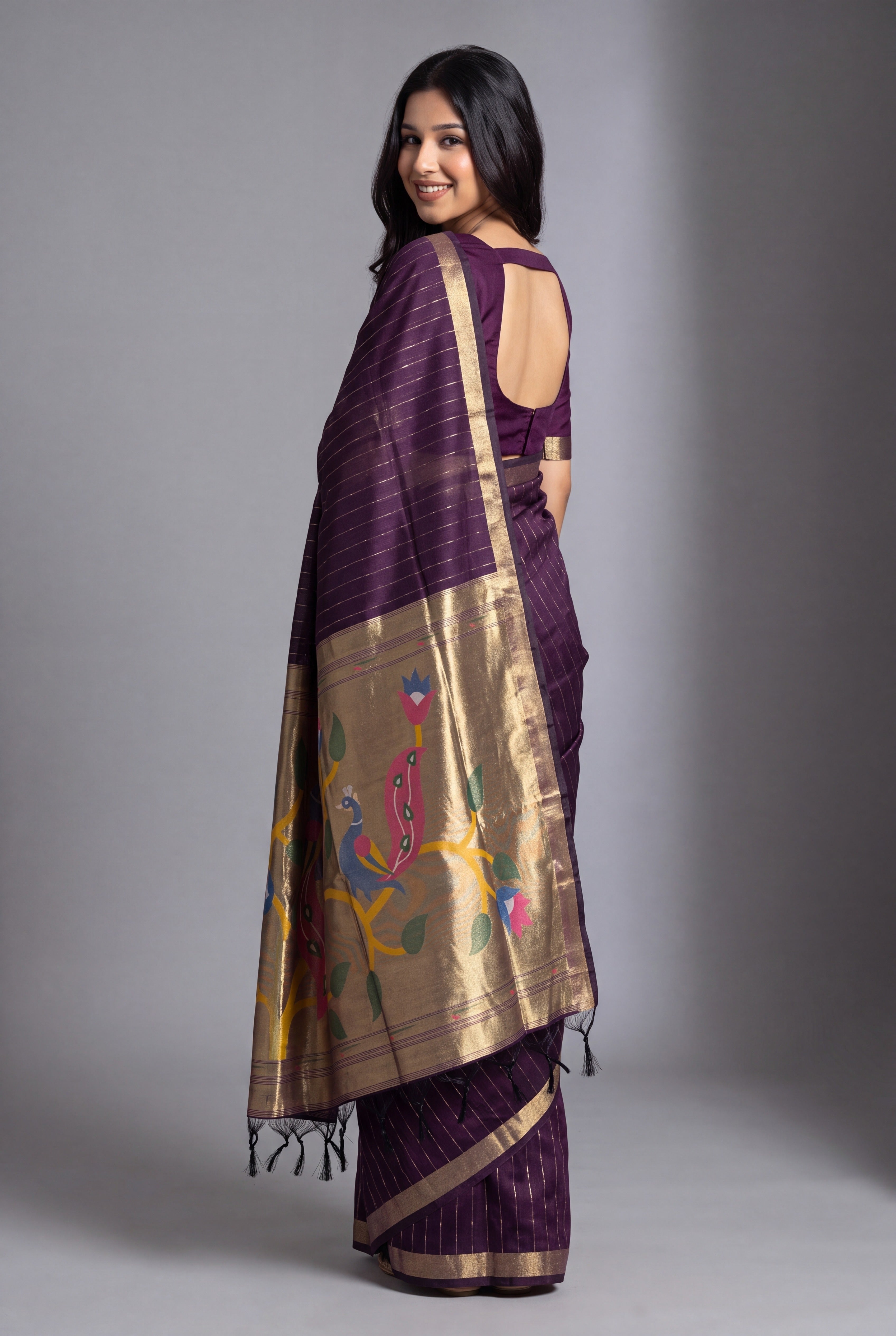 Plum Purple Jamdhani Cotton Paithani Saree with Zari stripes