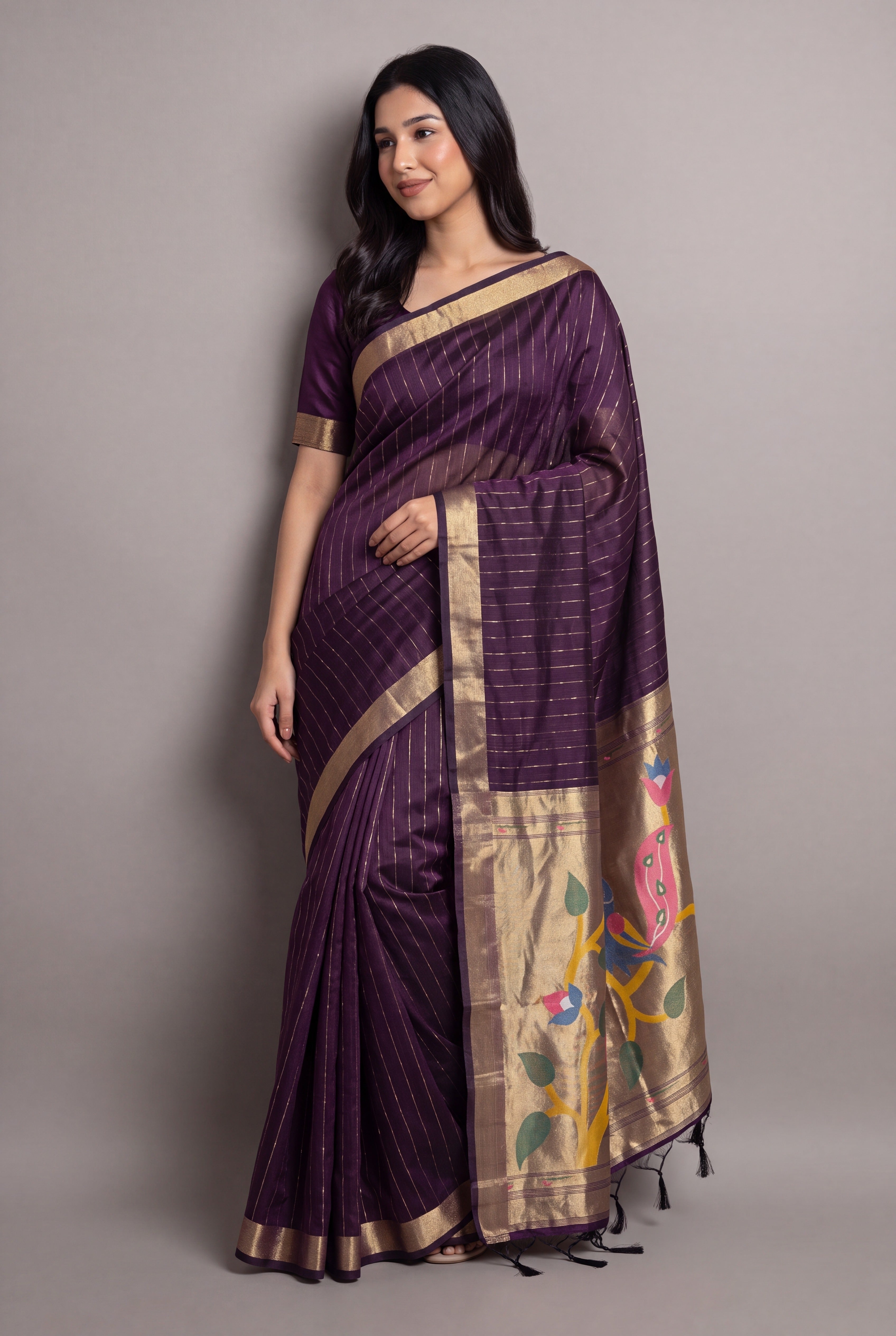 Plum Purple Jamdhani Cotton Paithani Saree with Zari stripes