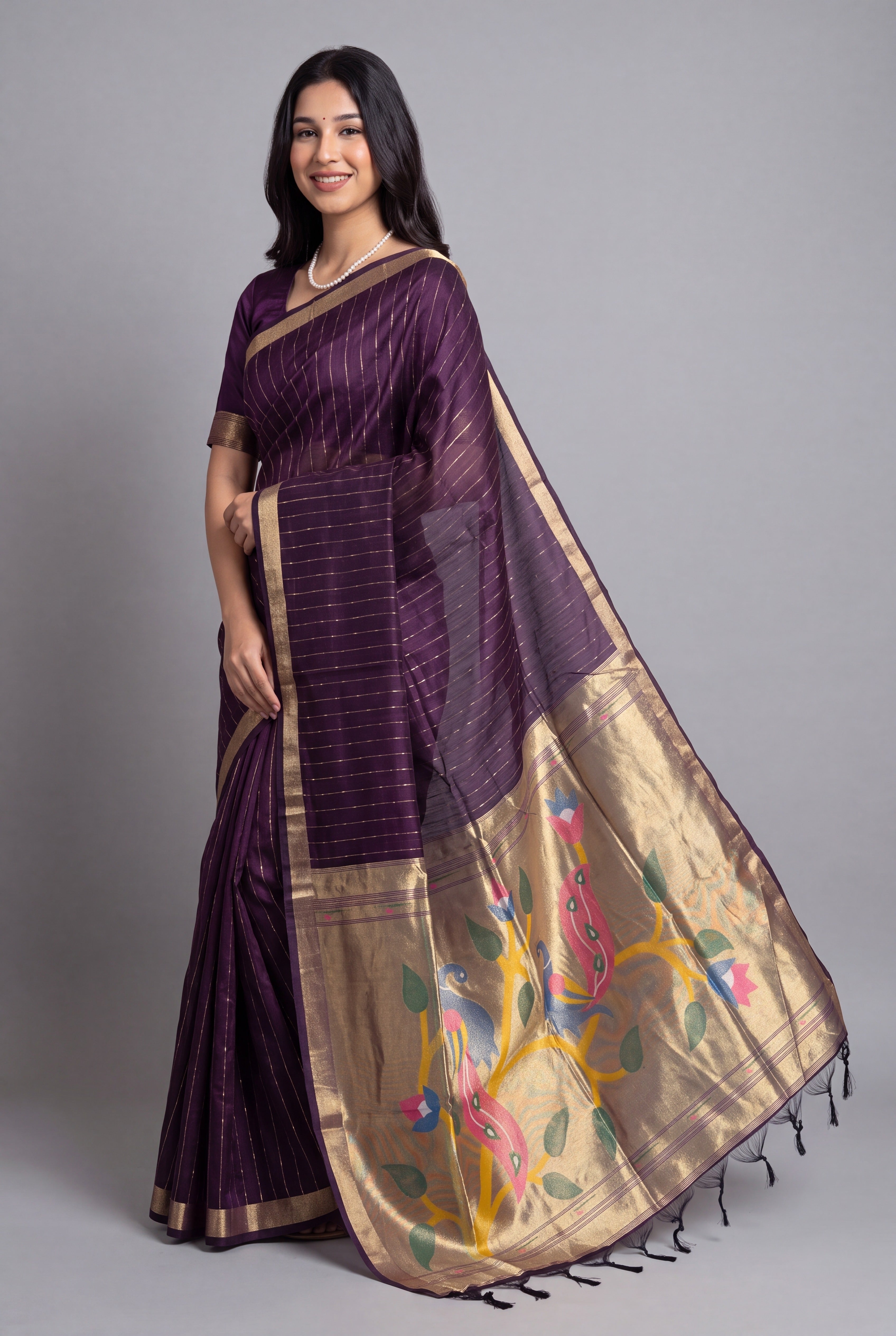 Plum Purple Jamdhani Cotton Paithani Saree with Zari stripes
