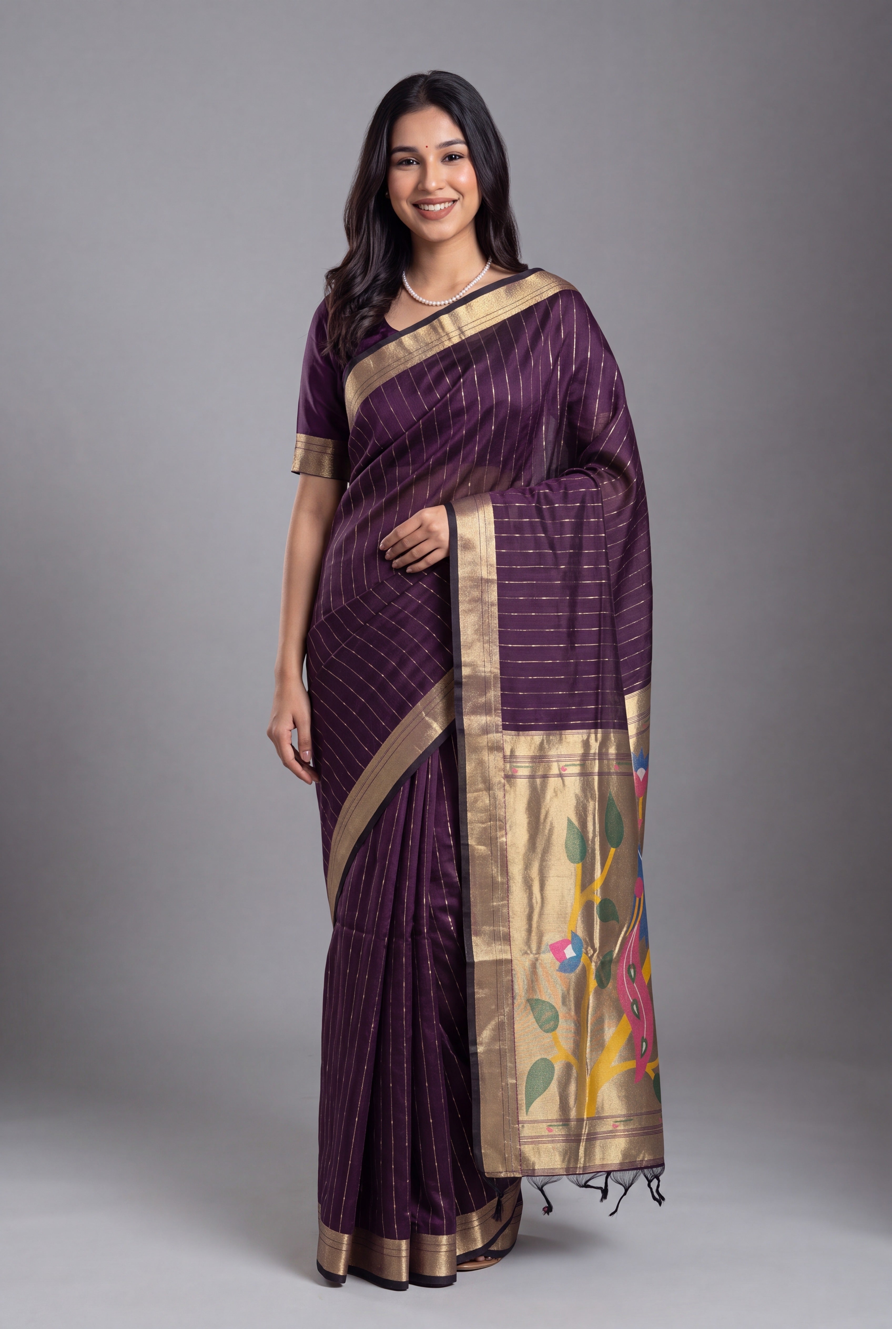 Plum Purple Jamdhani Cotton Paithani Saree with Zari stripes