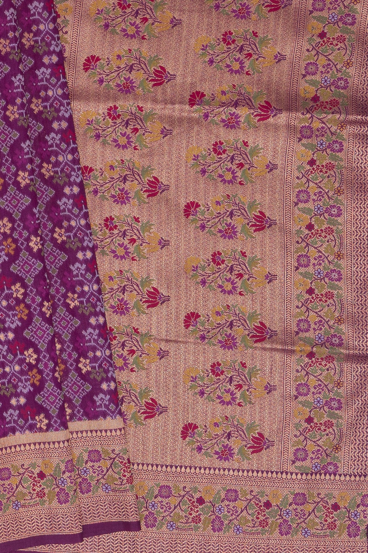 Plum Purple Tussar Silk Patola Saree with Resham Threadwork Pallu