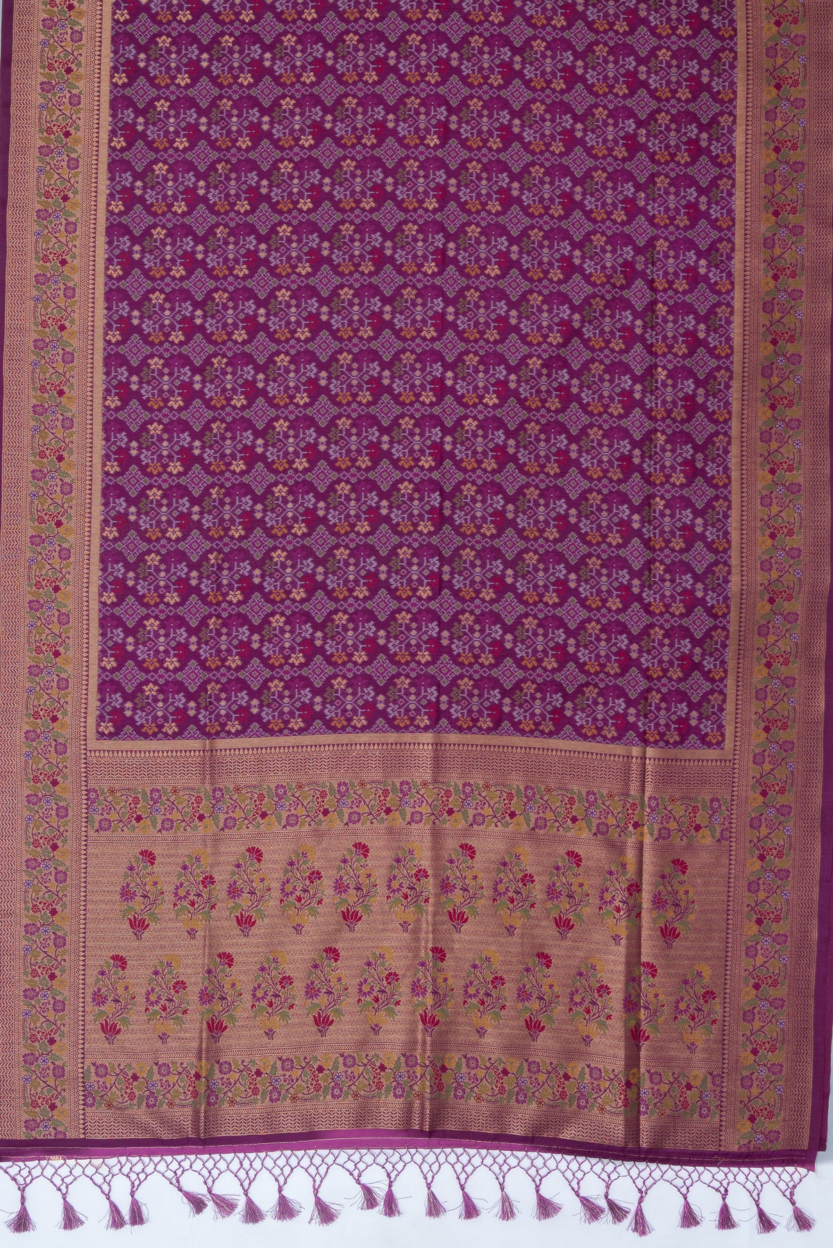 Plum Purple Tussar Silk Patola Saree with Resham Threadwork Pallu