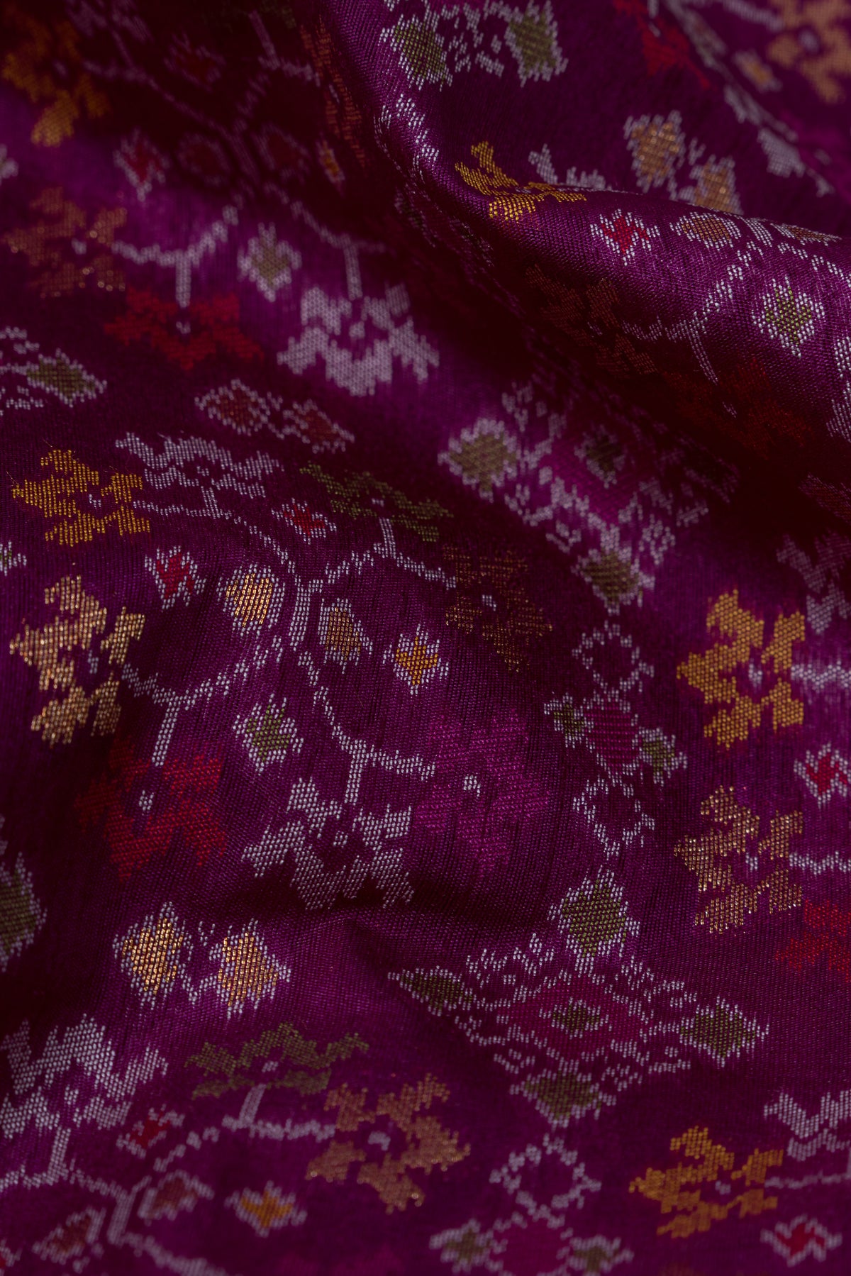 Plum Purple Tussar Silk Patola Saree with Resham Threadwork Pallu