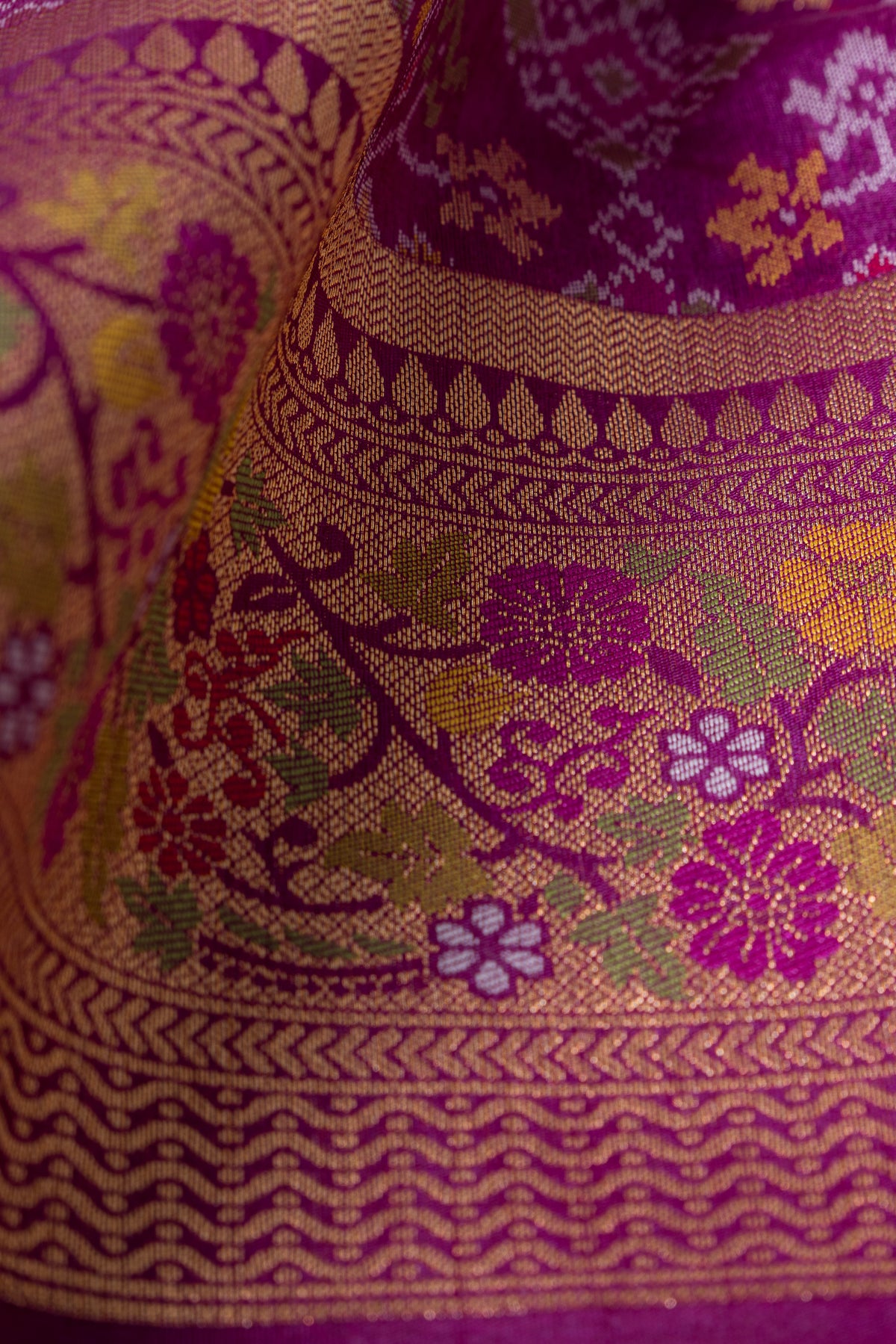 Plum Purple Tussar Silk Patola Saree with Resham Threadwork Pallu