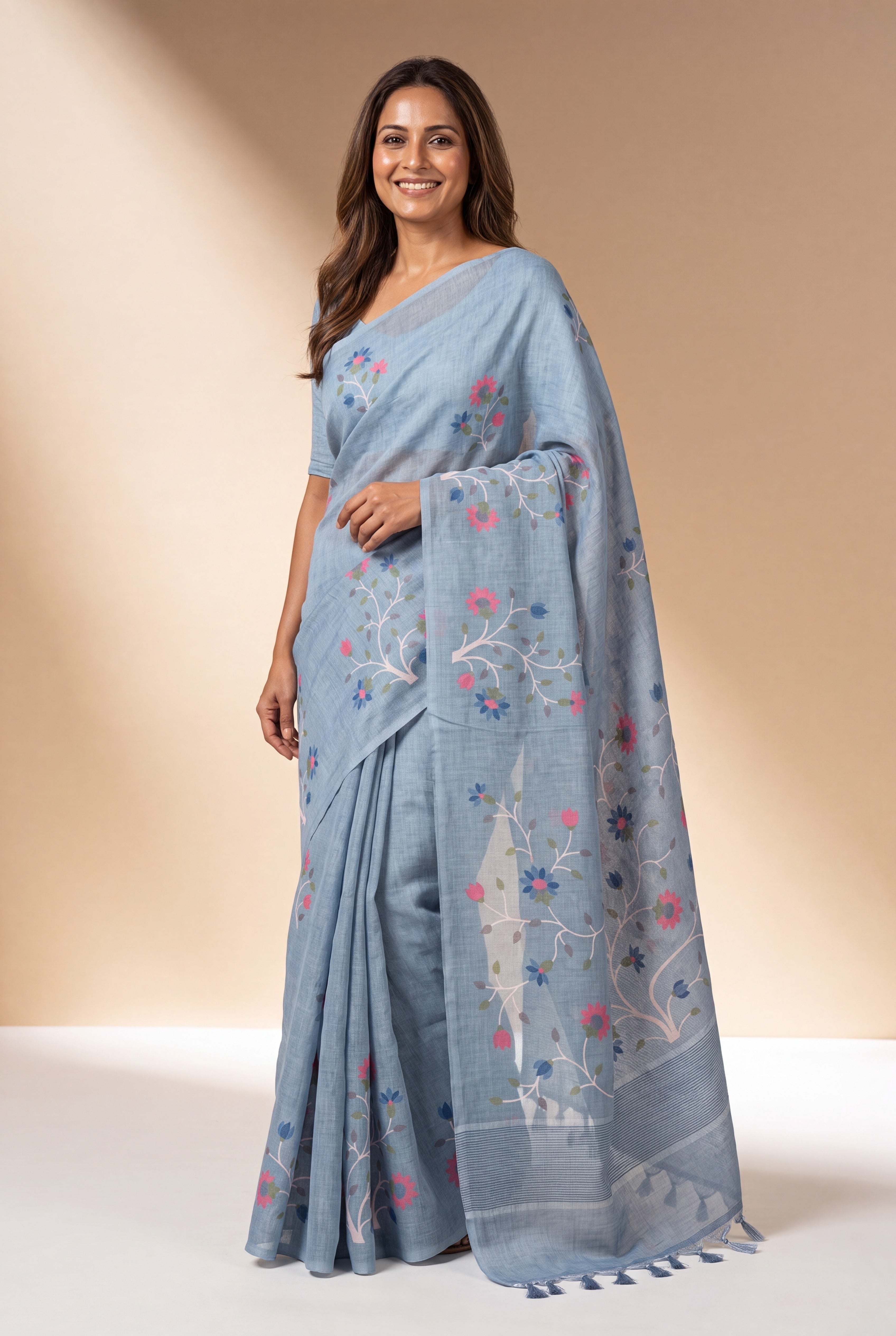 Powder Blue Cotton Saree with Kusumāvalī Print