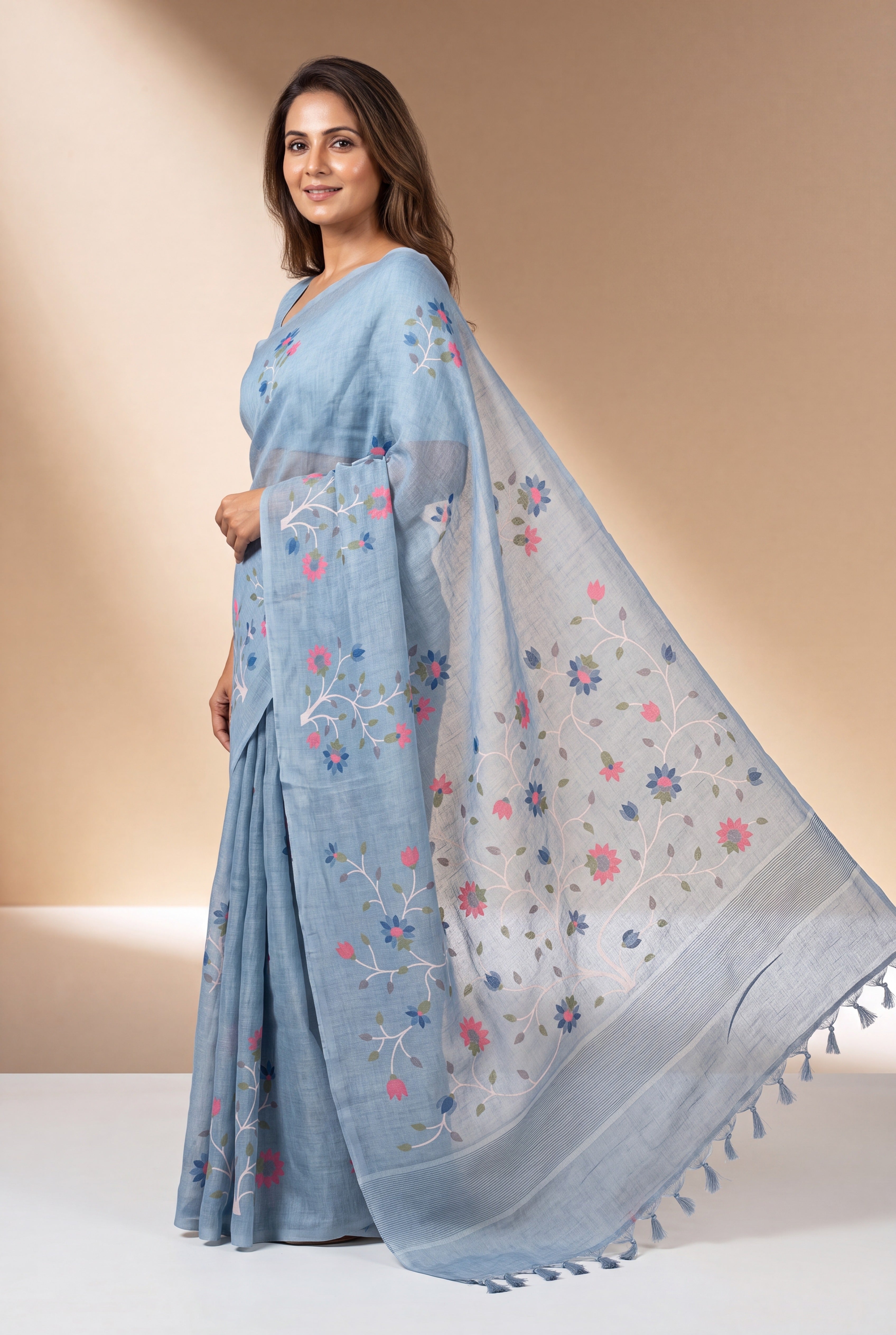 Powder Blue Cotton Saree with Kusumāvalī Print