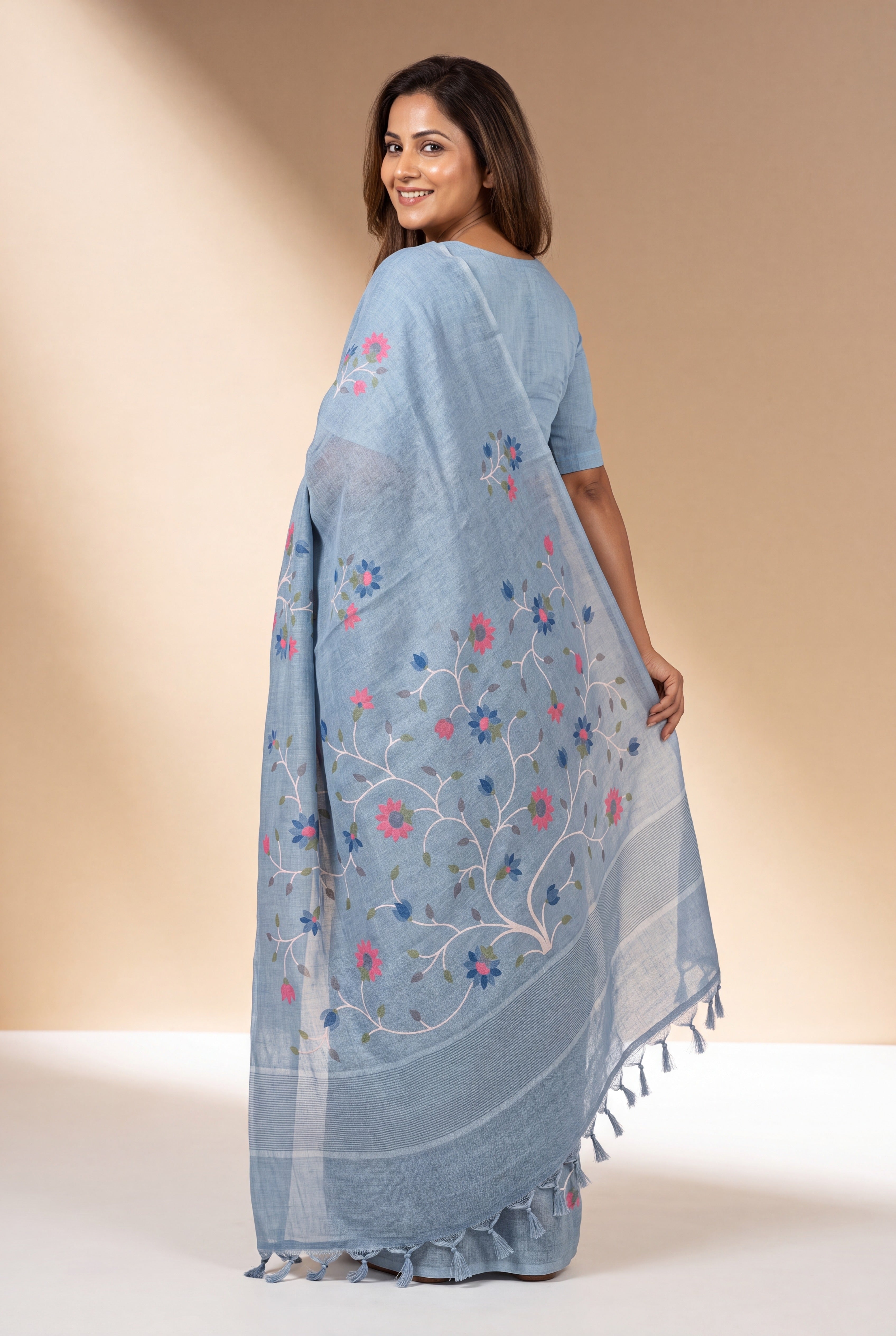 Powder Blue Cotton Saree with Kusumāvalī Print