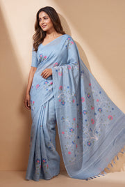 Powder Blue Cotton Saree with Kusumāvalī Print