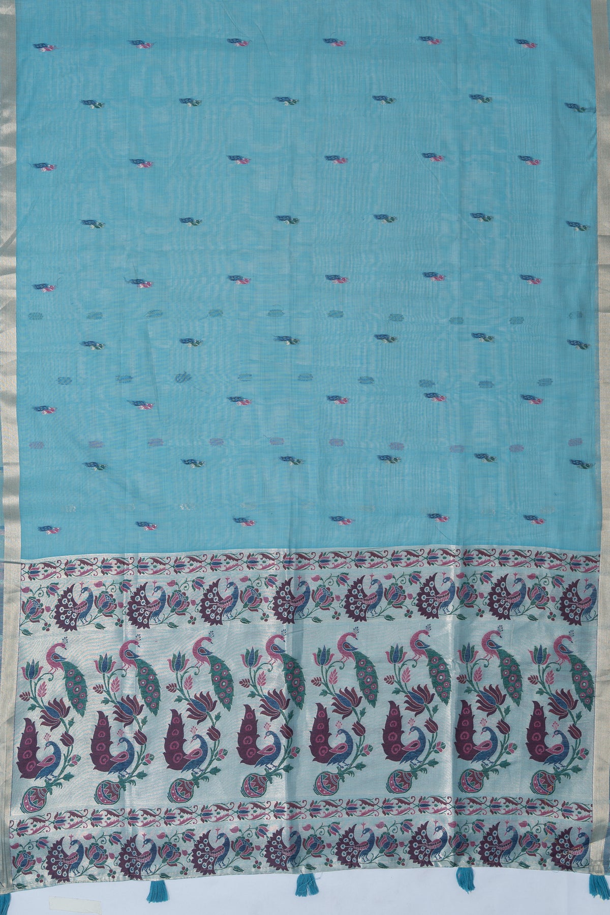 Powder Blue Jamdhani Cotton Paithani Saree with Meena Mor butti and Meenakari Mor Pallu