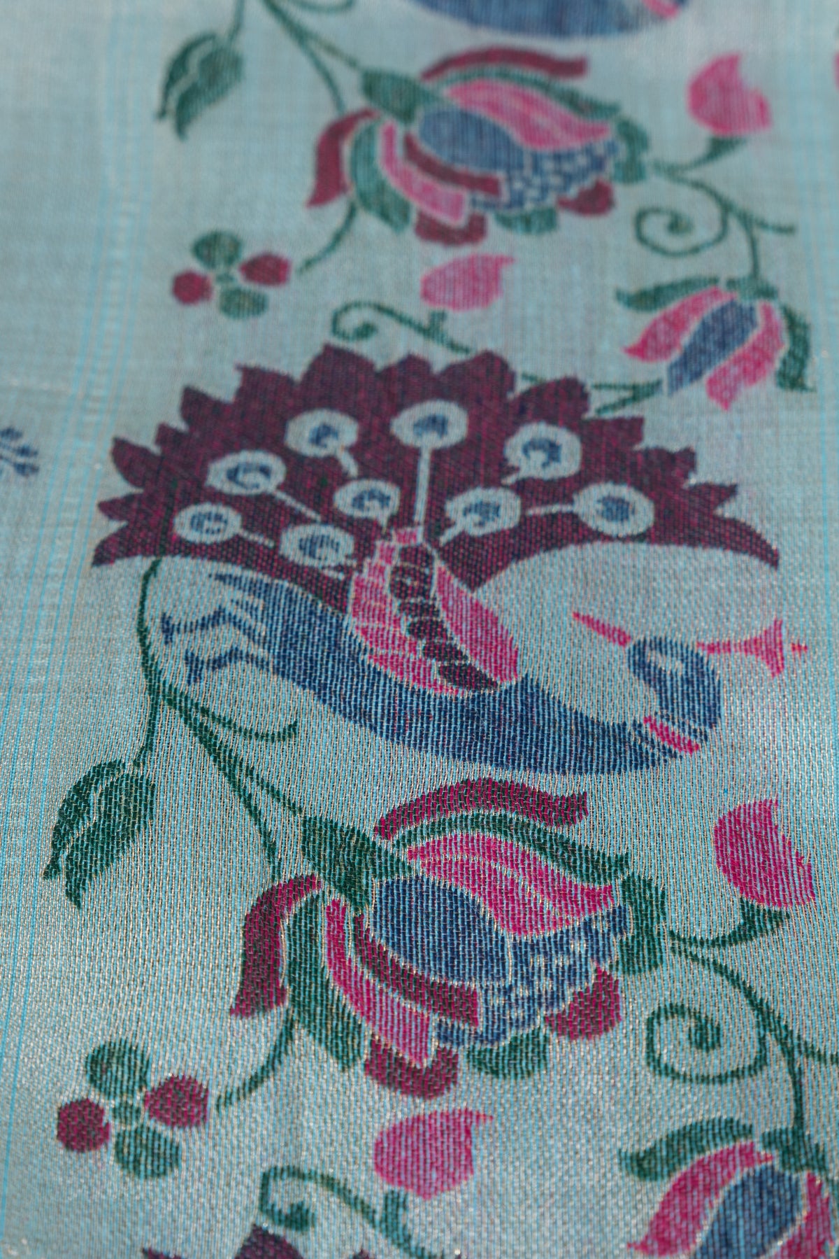 Powder Blue Jamdhani Cotton Paithani Saree with Meena Mor butti and Meenakari Mor Pallu