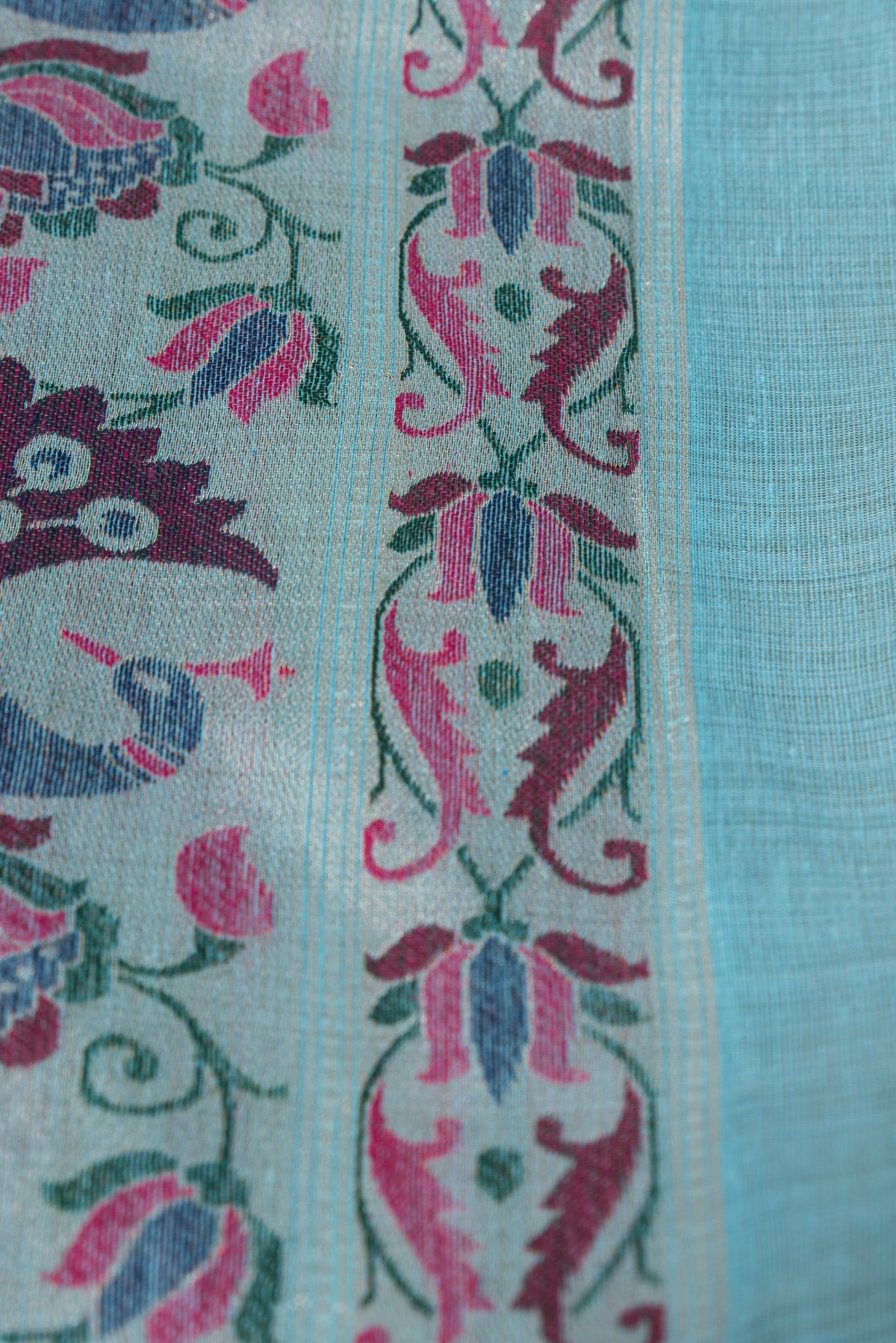 Powder Blue Jamdhani Cotton Paithani Saree with Meena Mor butti and Meenakari Mor Pallu