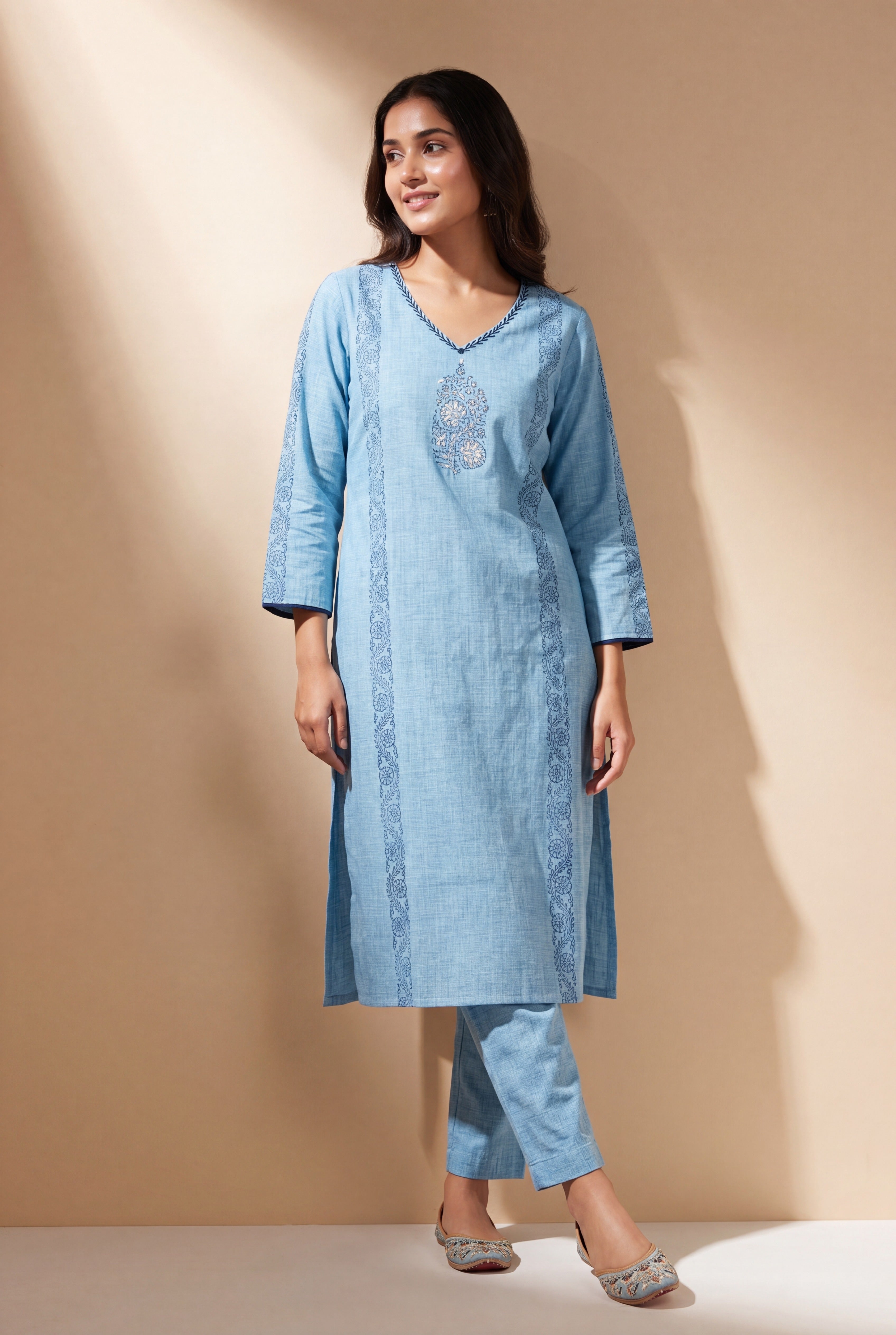 Powder Blue Sutralekha Kurti with Sequin work