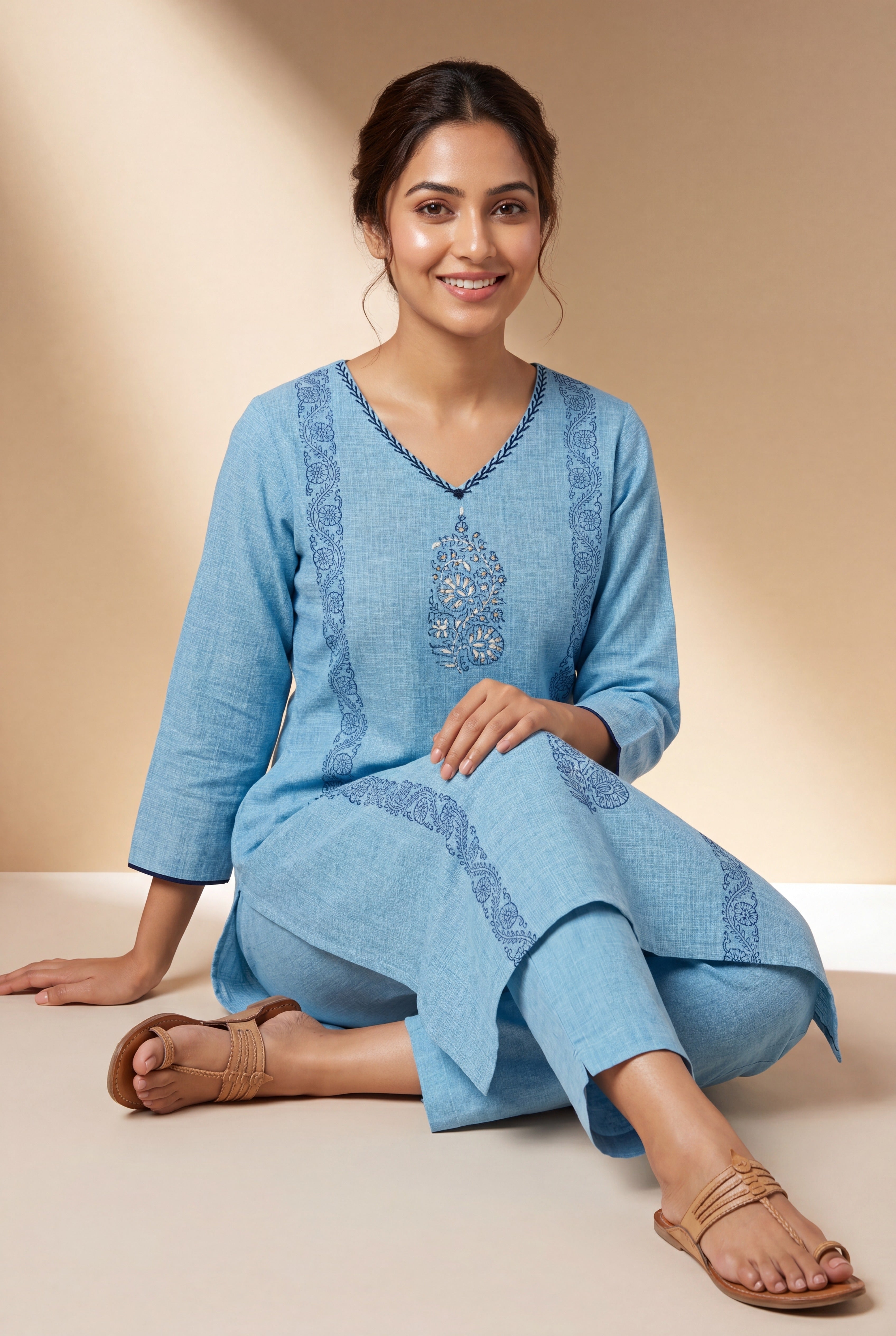 Powder Blue Sutralekha Kurti with Sequin work