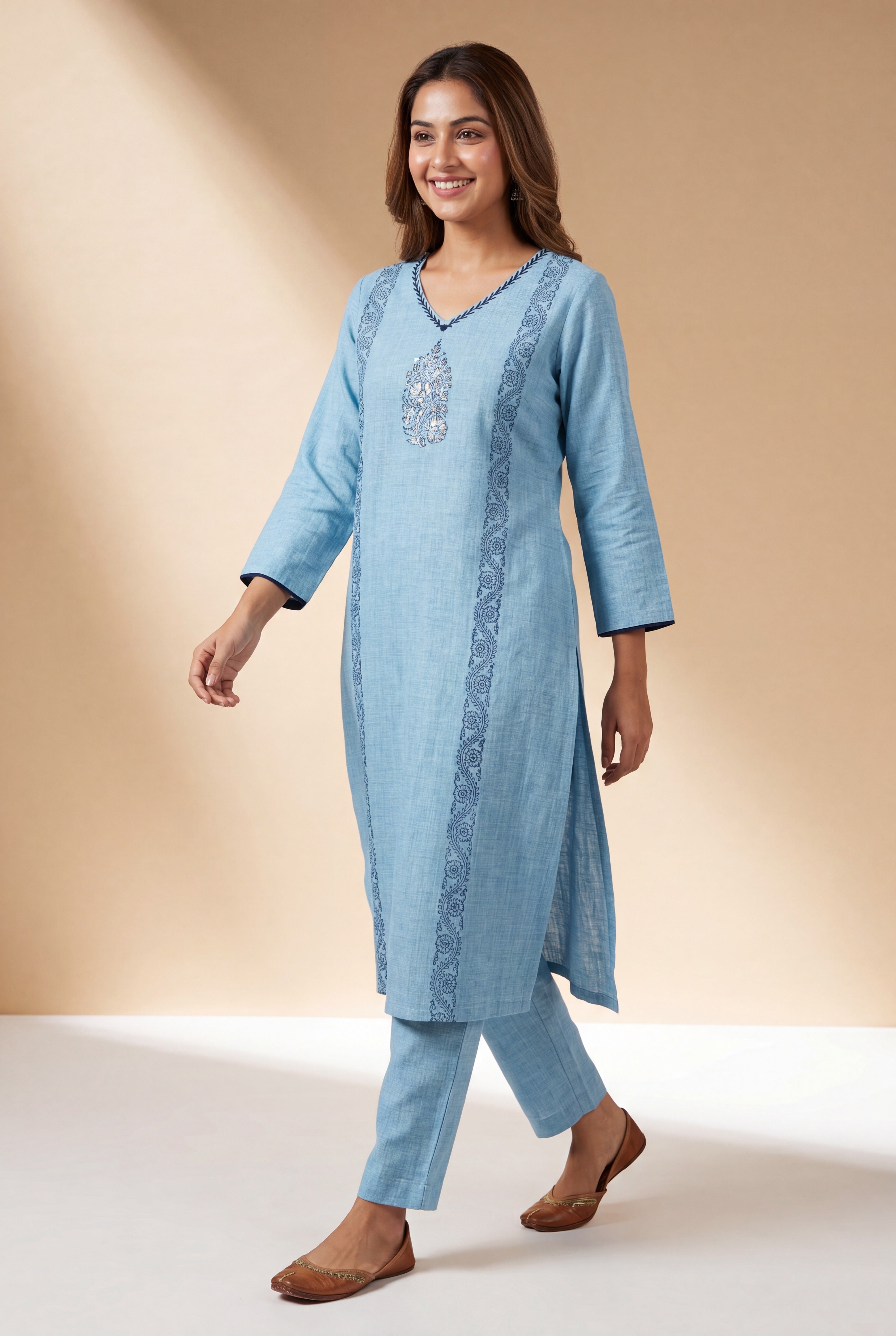 Powder Blue Sutralekha Kurti with Sequin work