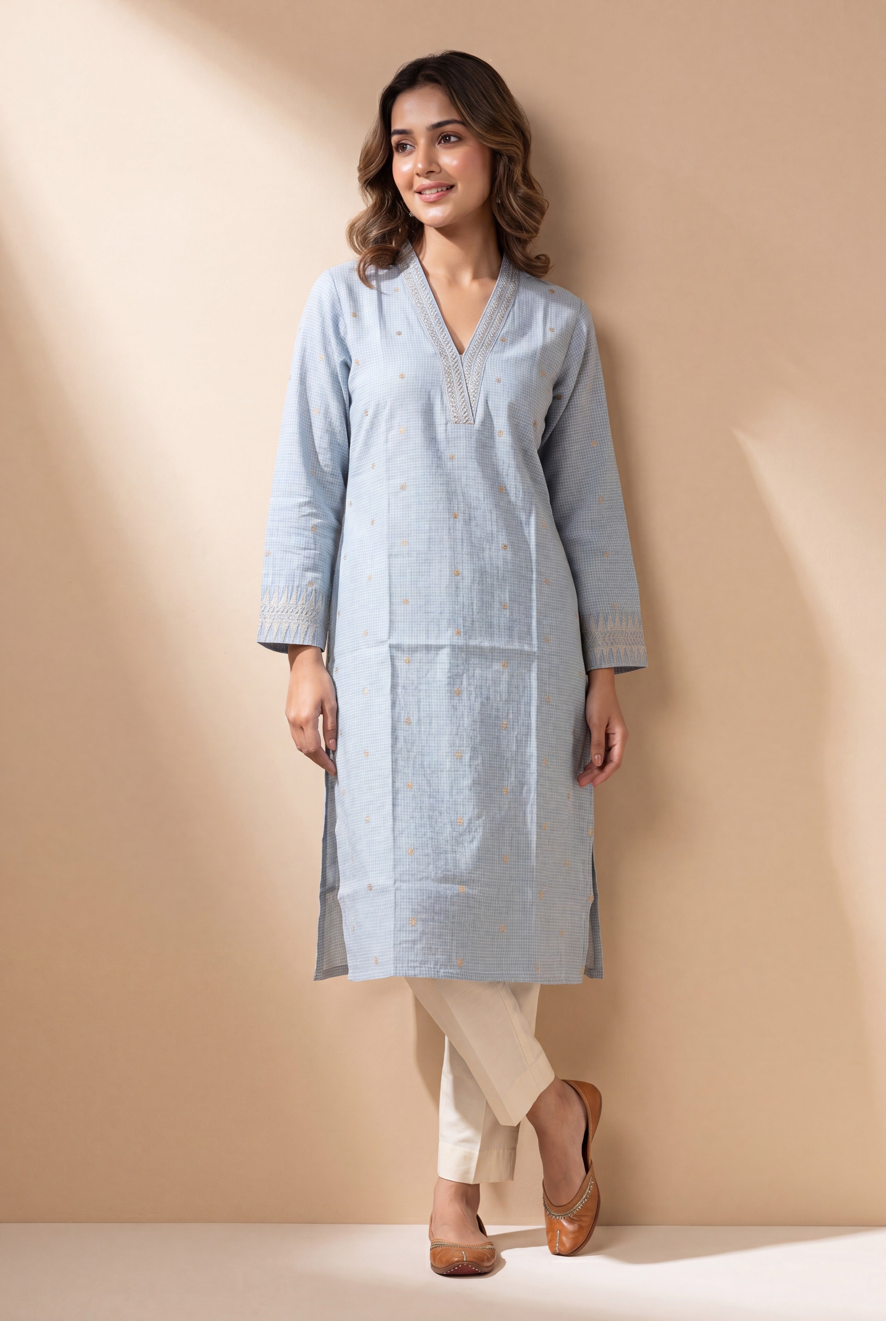 Power Blue Chandrika Cotton Kurti with Checks  and Zari embroidered collar and sleeves