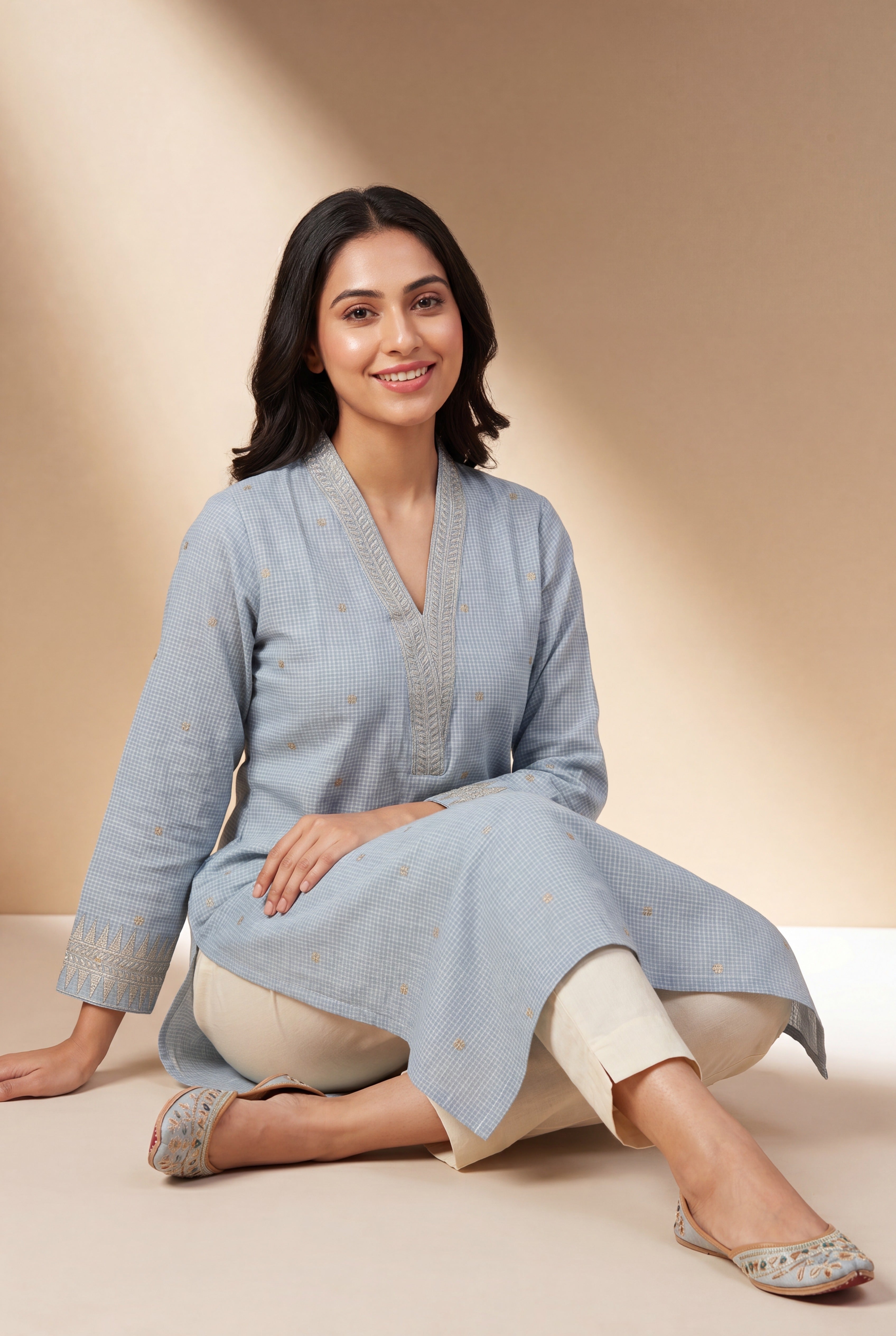 Power Blue Chandrika Cotton Kurti with Checks  and Zari embroidered collar and sleeves