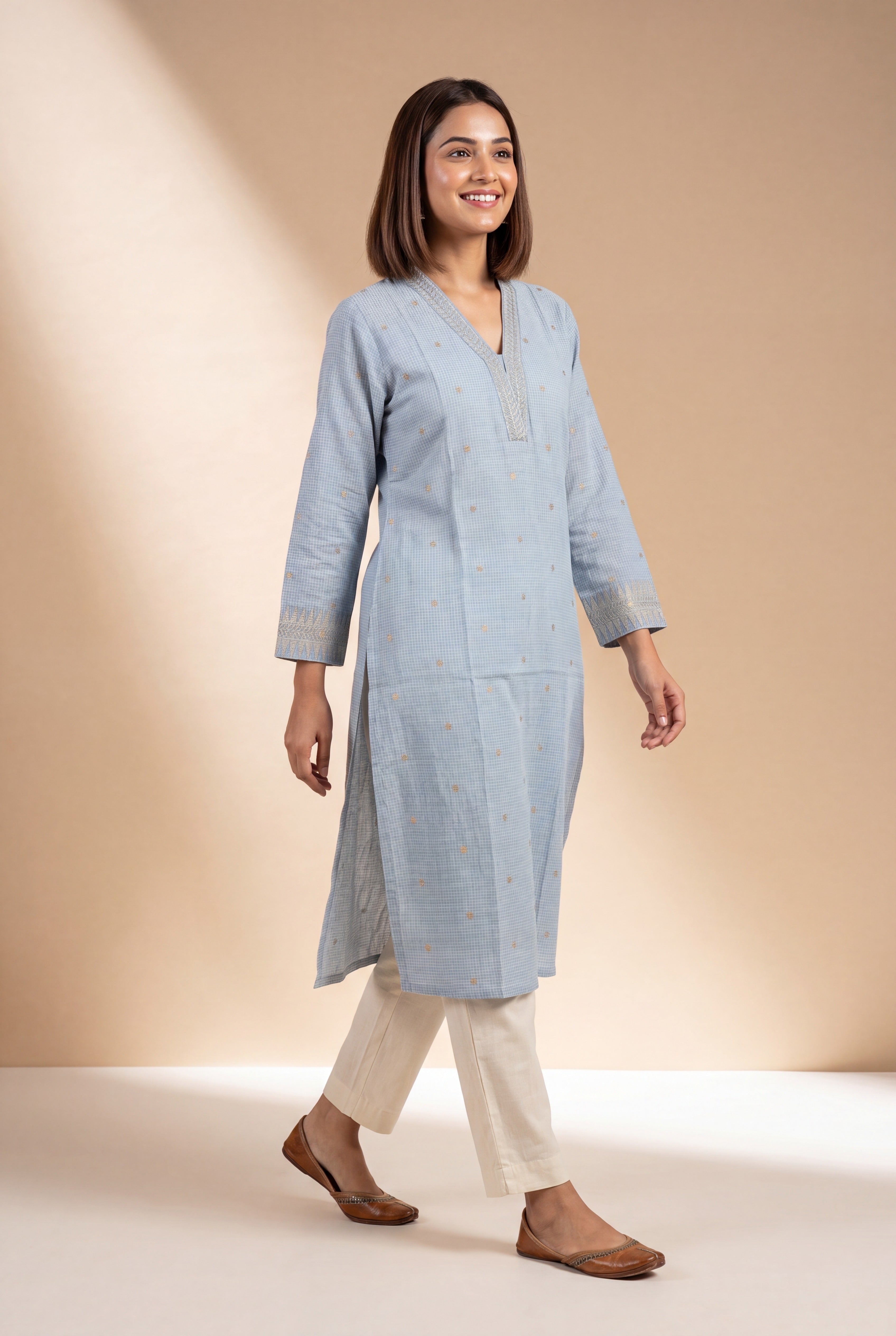 Power Blue Chandrika Cotton Kurti with Checks  and Zari embroidered collar and sleeves