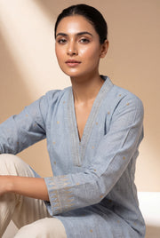 Power Blue Chandrika Cotton Kurti with Checks  and Zari embroidered collar and sleeves