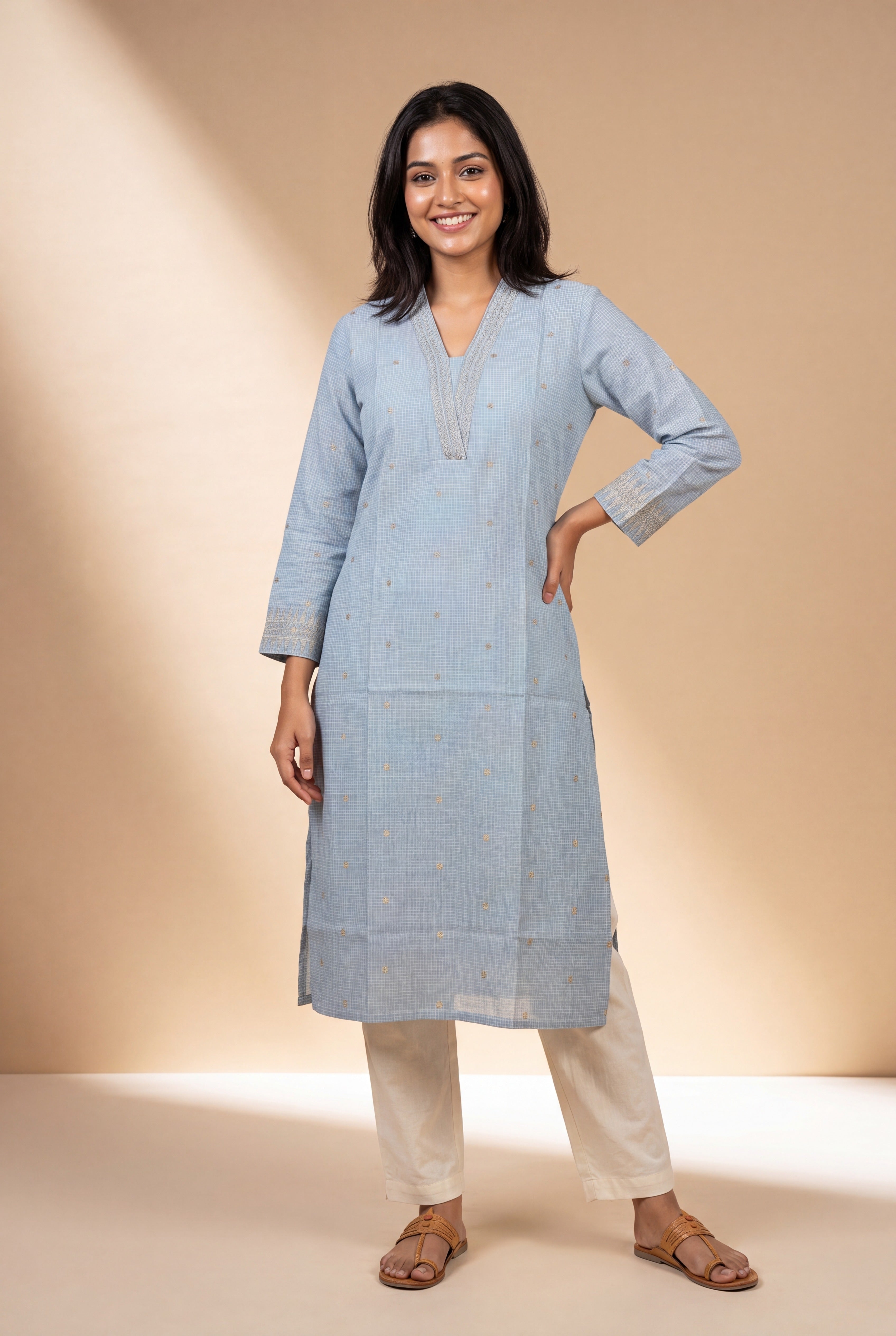 Power Blue Chandrika Cotton Kurti with Checks  and Zari embroidered collar and sleeves