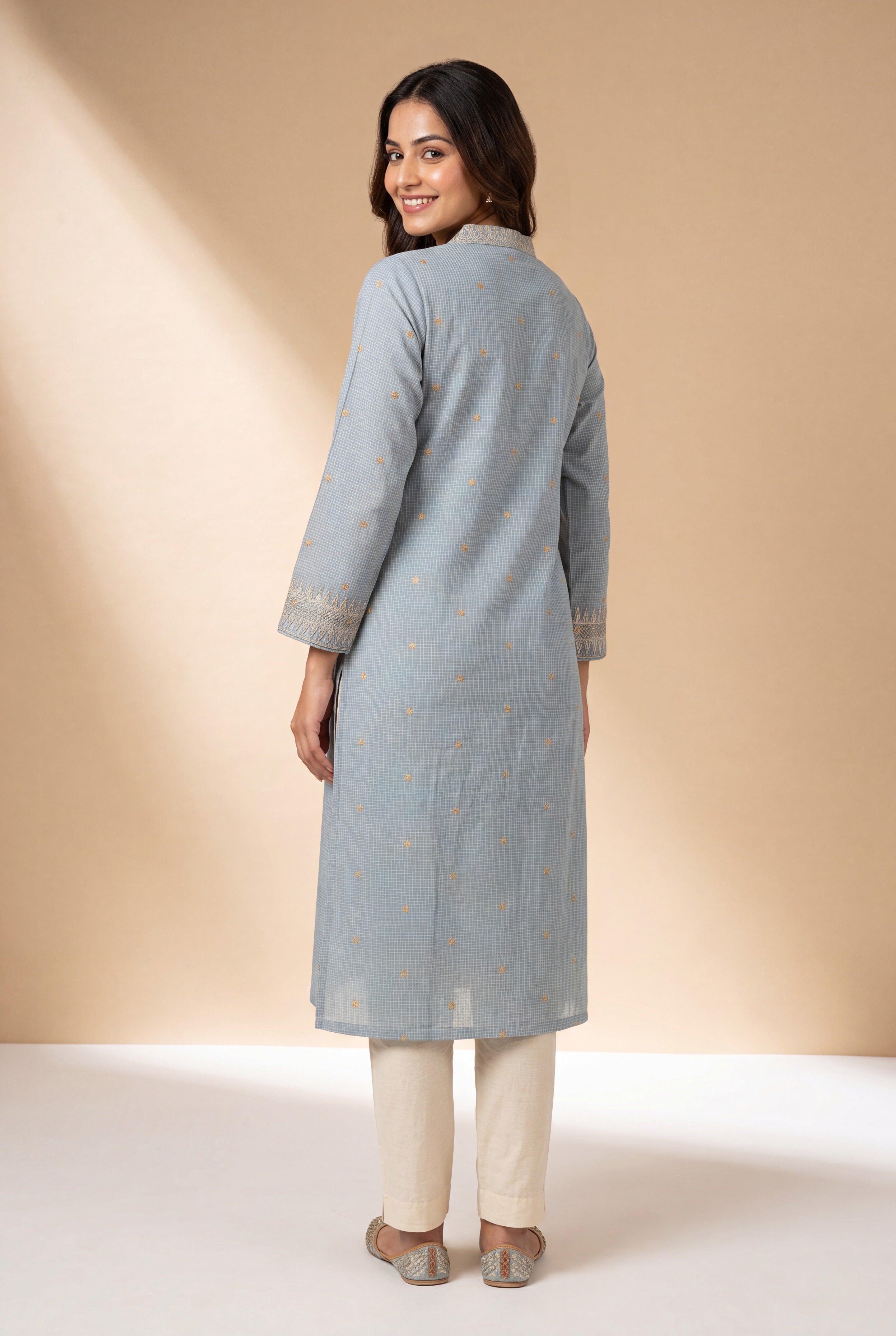 Power Blue Chandrika Cotton Kurti with Checks  and Zari embroidered collar and sleeves
