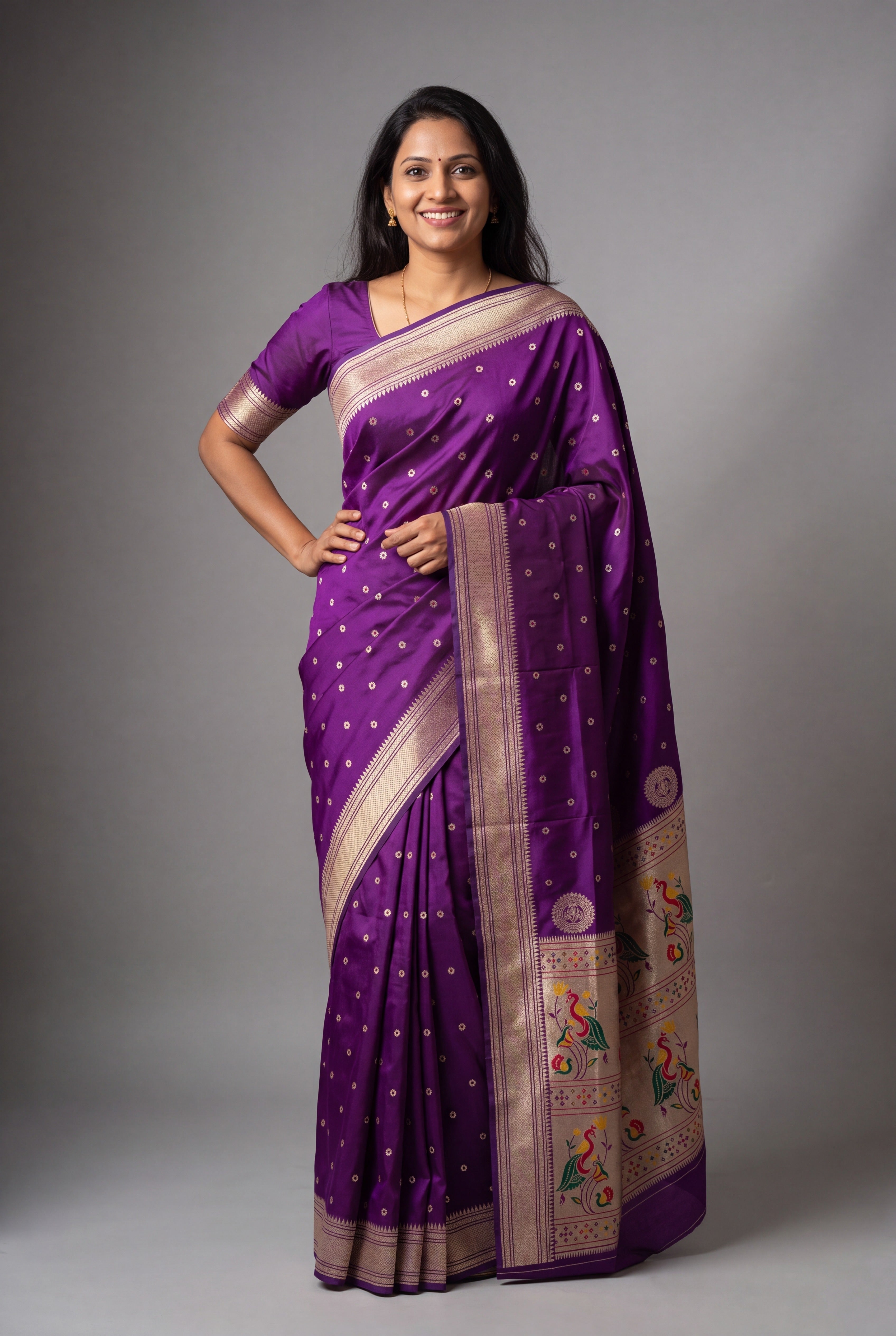 Purple Katan Silk Paithani Saree with Mayūramālā Pallu and Meena butti