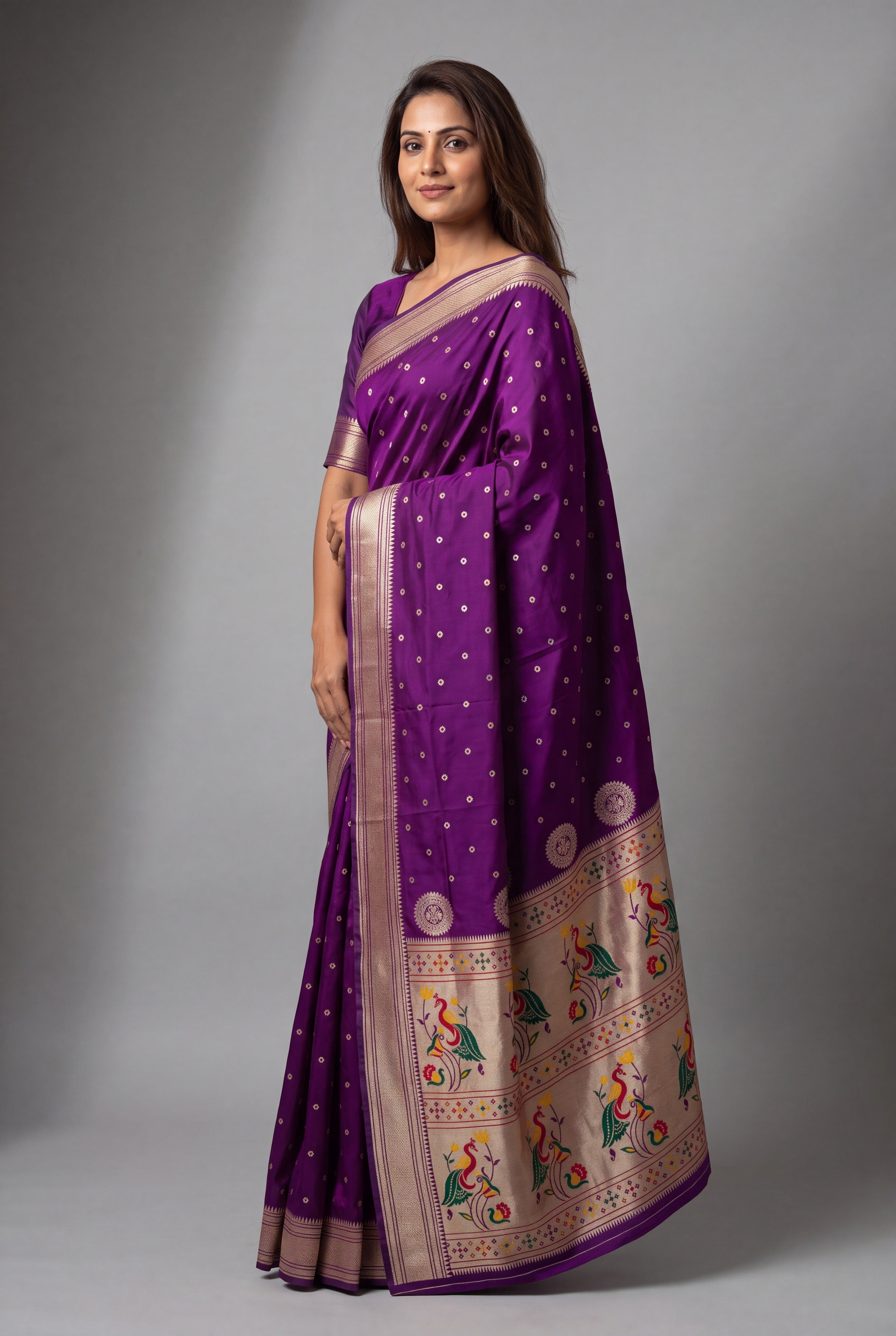 Purple Katan Silk Paithani Saree with Mayūramālā Pallu and Meena butti