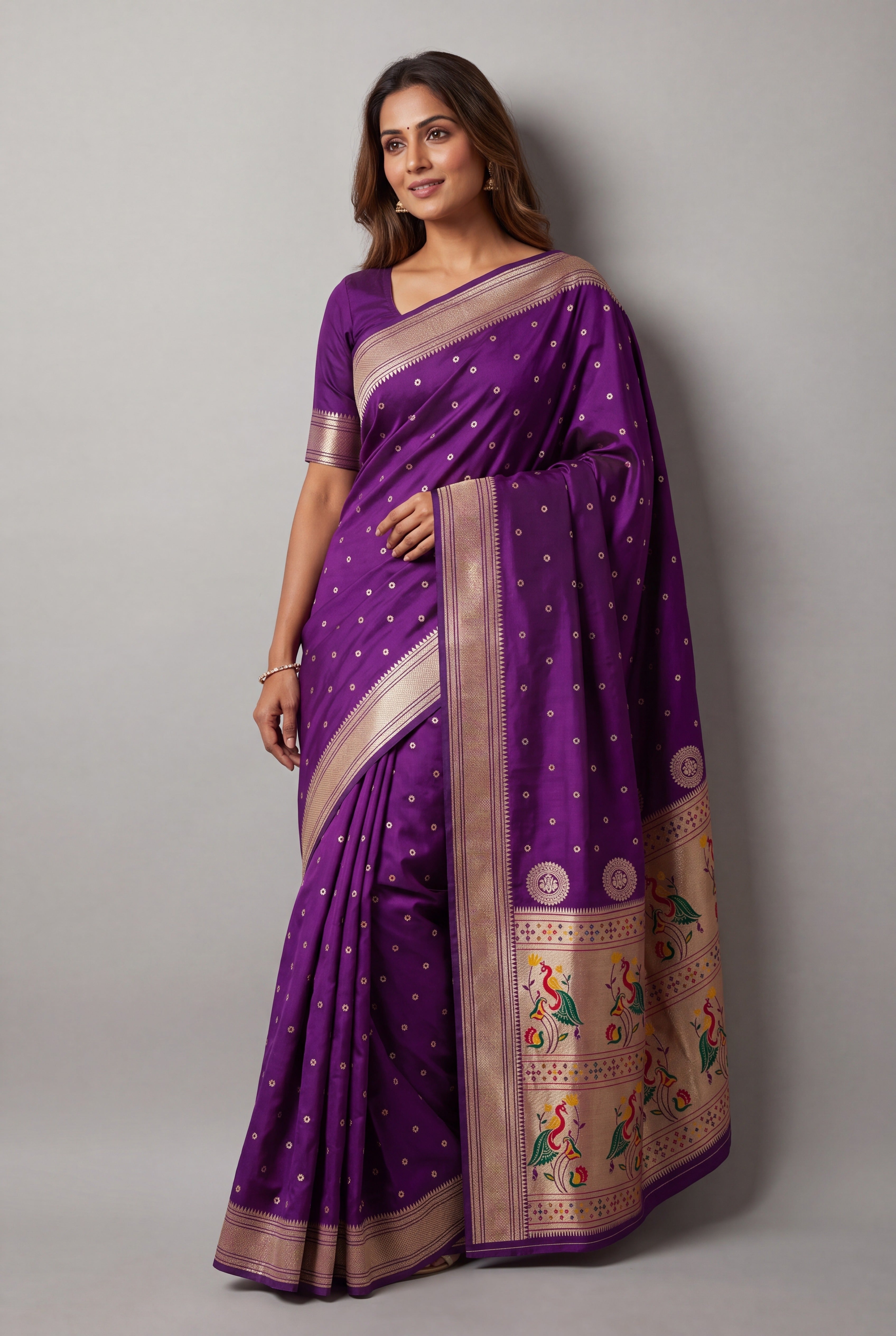 Purple Katan Silk Paithani Saree with Mayūramālā Pallu and Meena butti