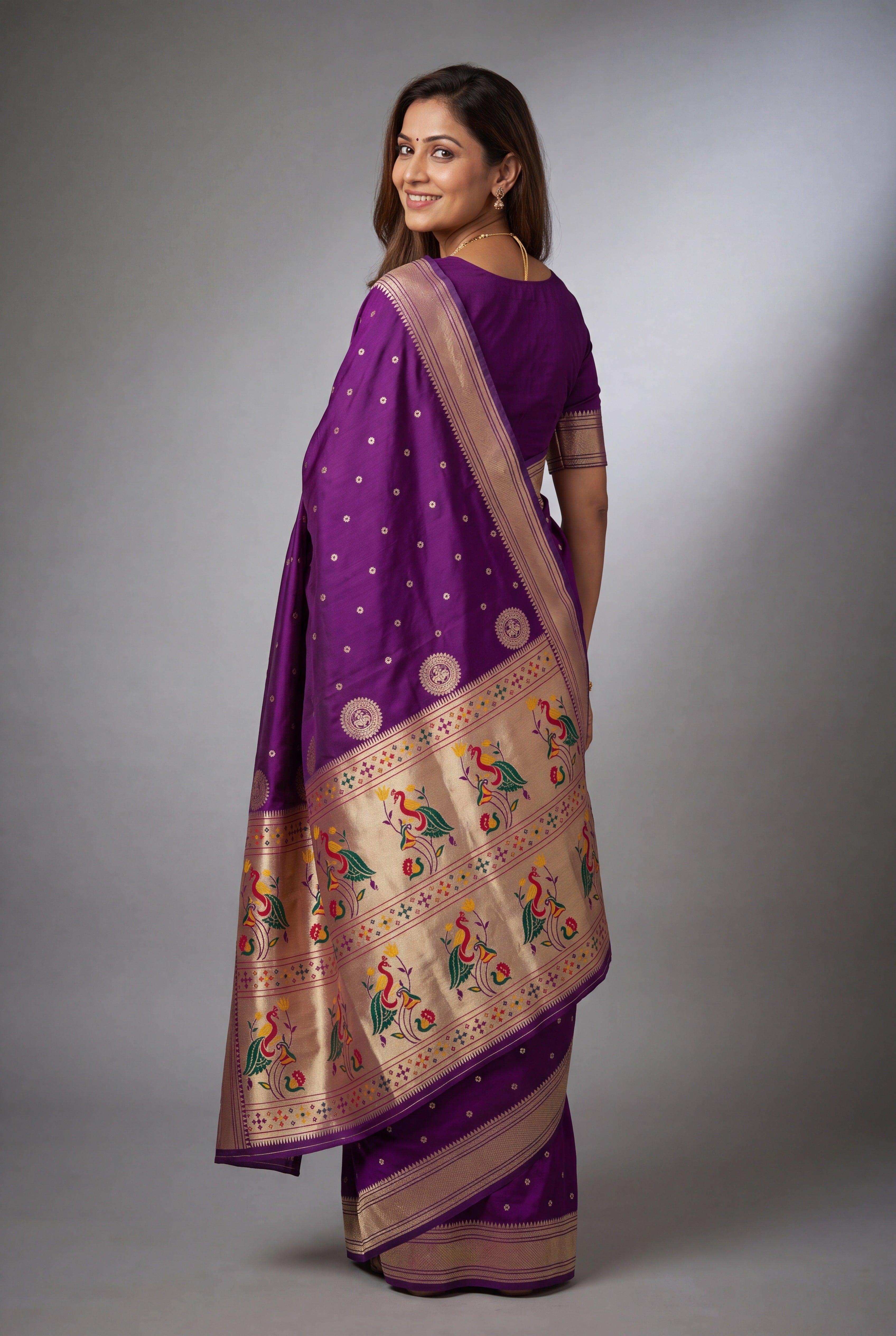 Purple Katan Silk Paithani Saree with Mayūramālā Pallu and Meena butti