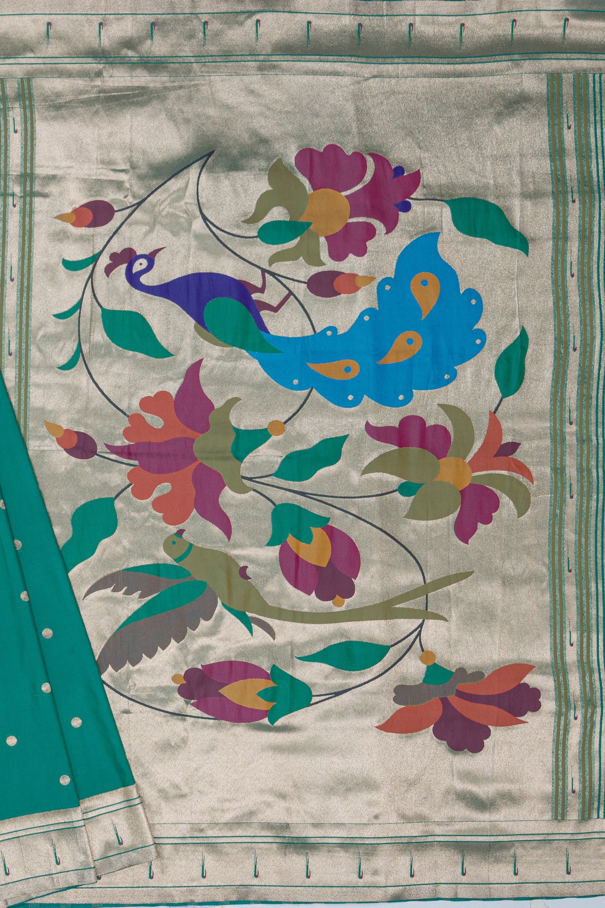 Rama Green Katan Silk Paithani Saree with Padma–Śuka–Mayūra Pallu and Zari butti