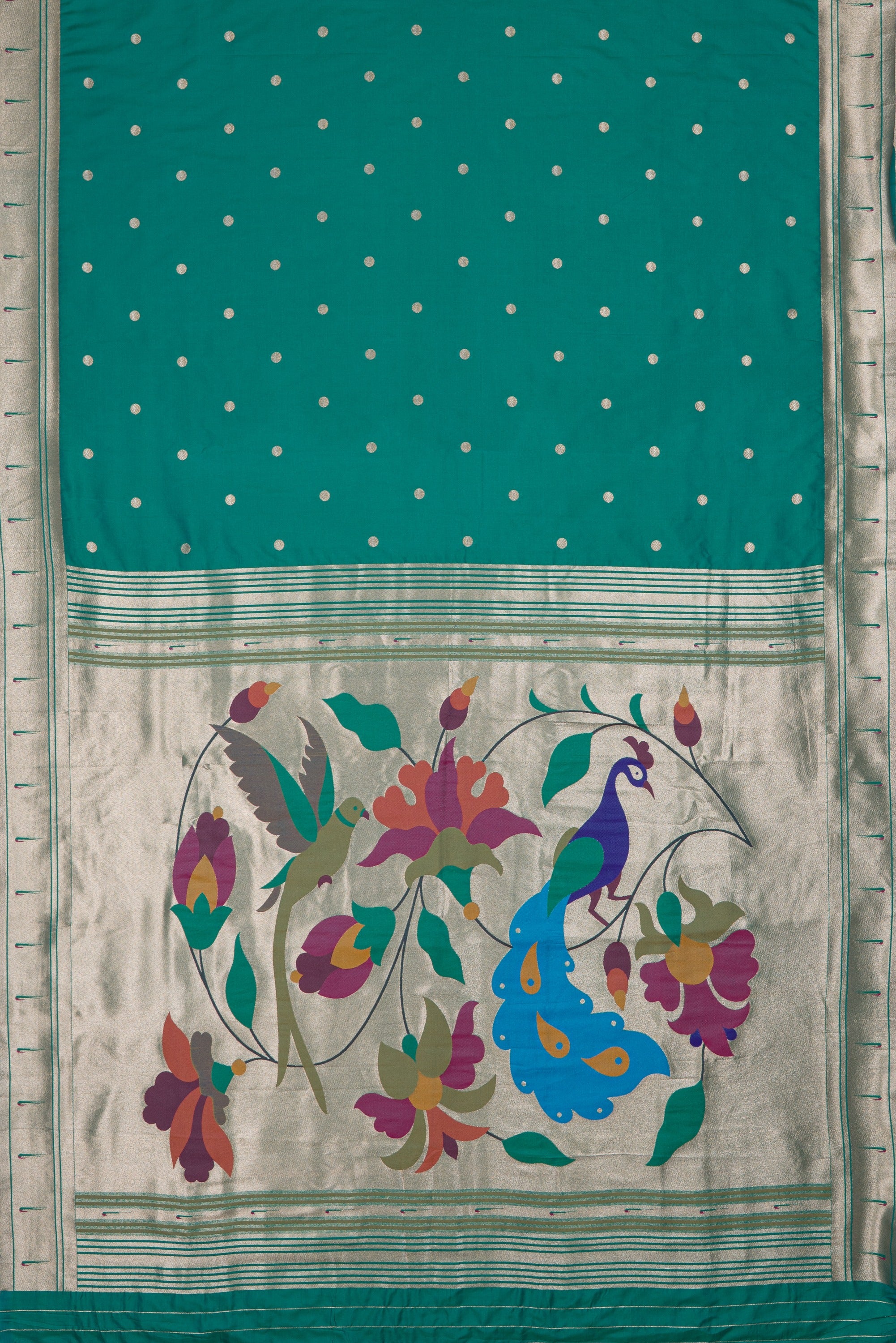 Rama Green Katan Silk Paithani Saree with Padma–Śuka–Mayūra Pallu and Zari butti