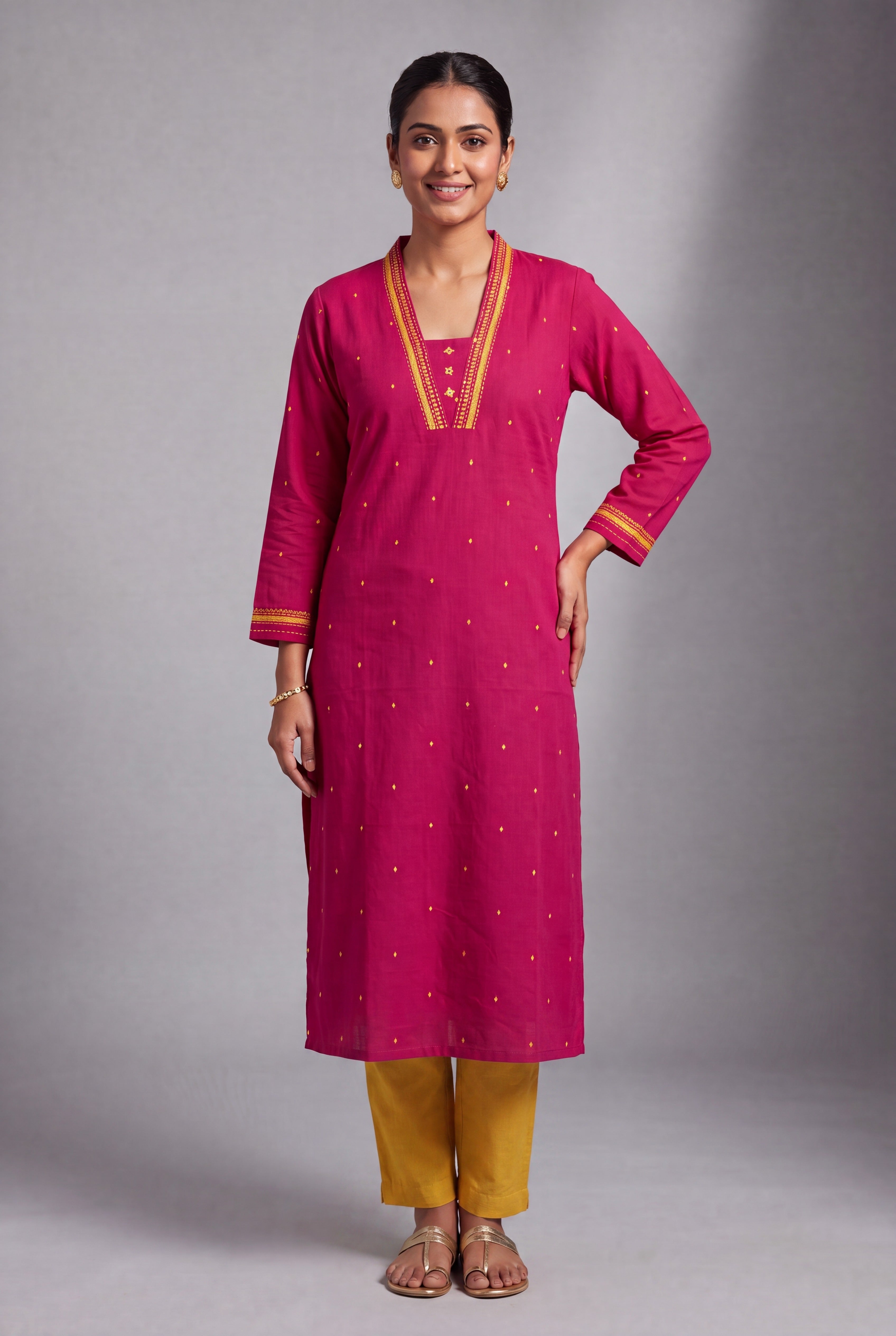 Rani Pink Cotton Kurti with Kanakbindu threadwork