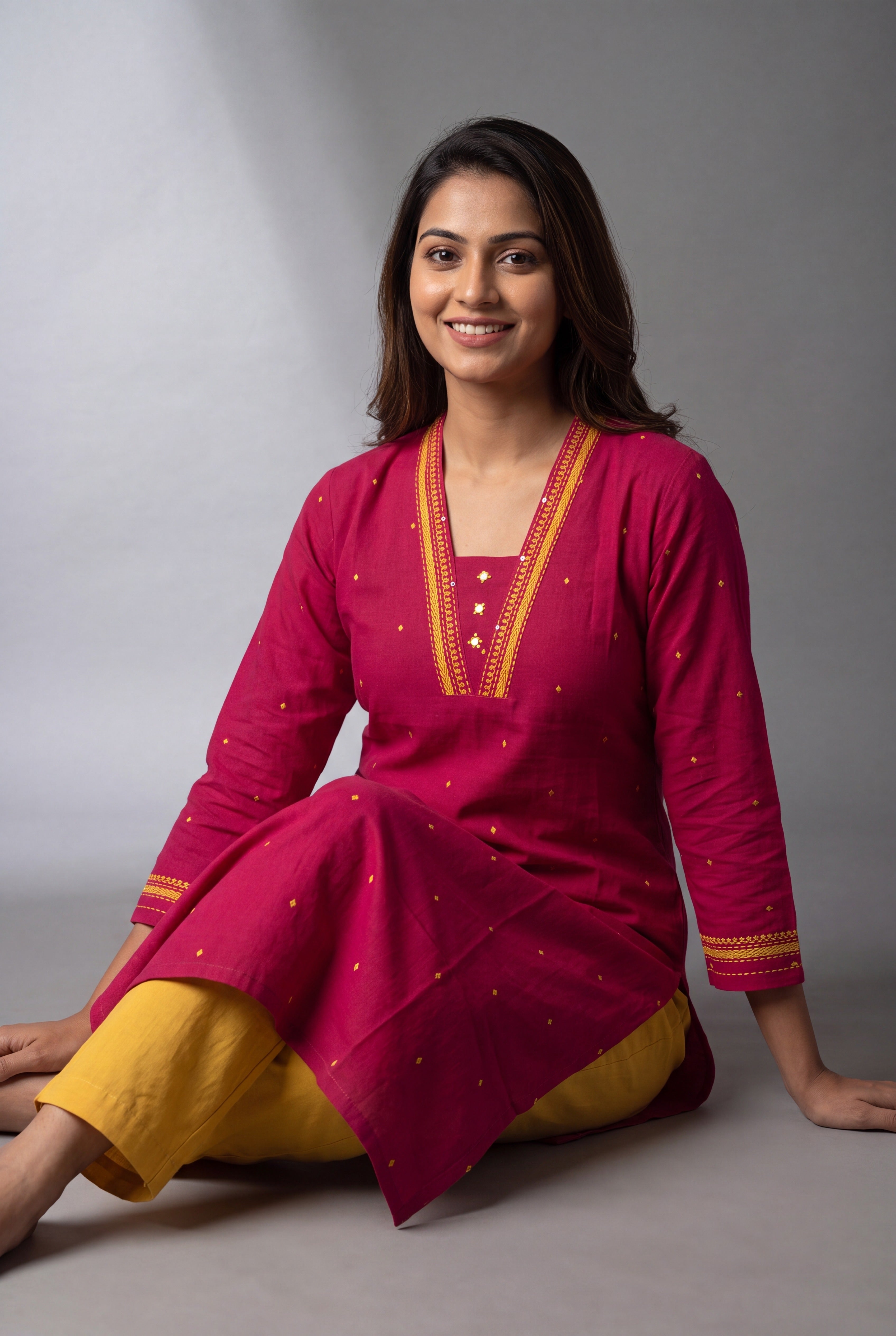 Rani Pink Cotton Kurti with Kanakbindu threadwork