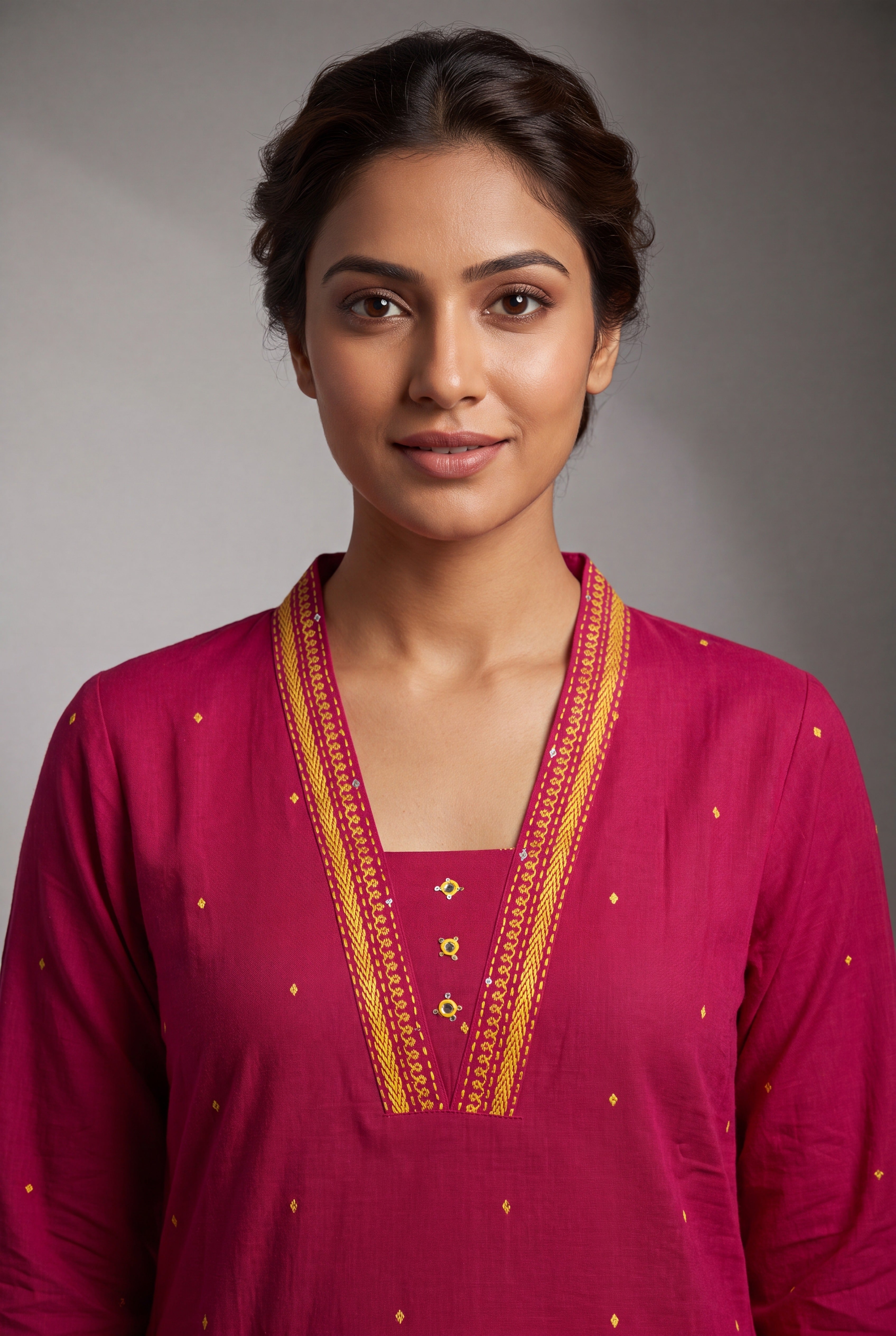 Rani Pink Cotton Kurti with Kanakbindu threadwork