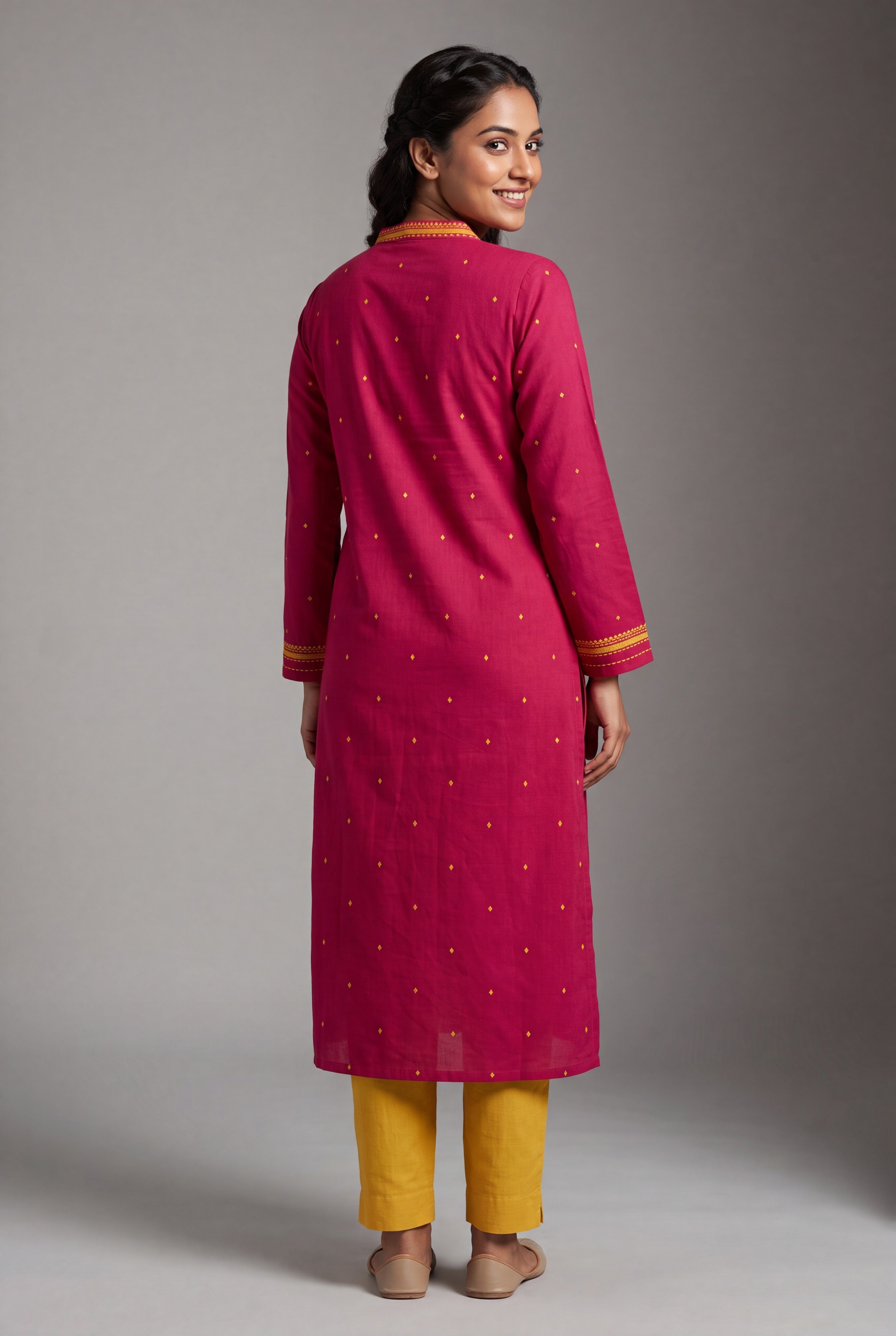 Rani Pink Cotton Kurti with Kanakbindu threadwork