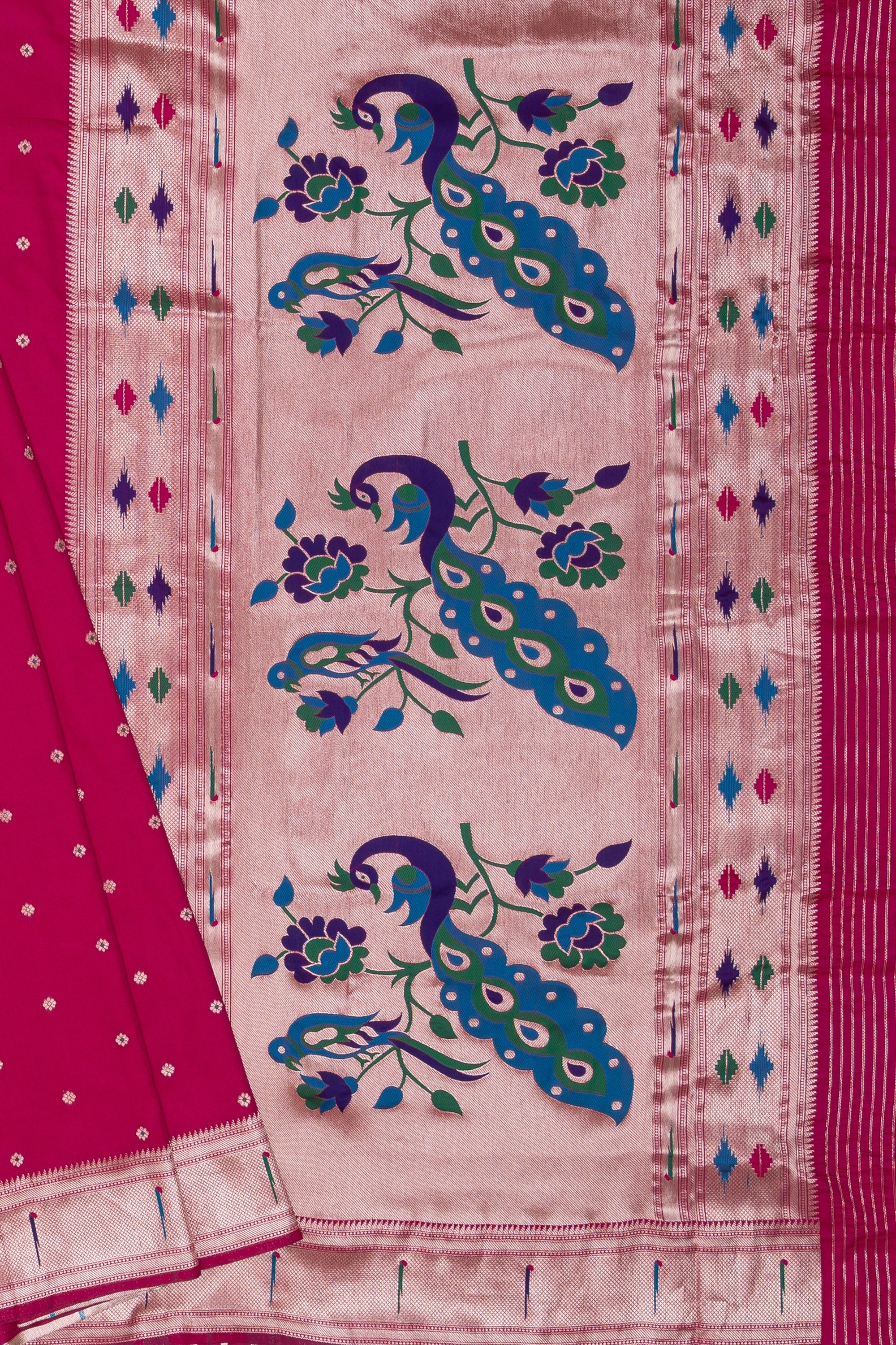 Rani Pink Katan Silk Paithani Saree with Multicolour Munya border and Śuka-Mayūra Pallu