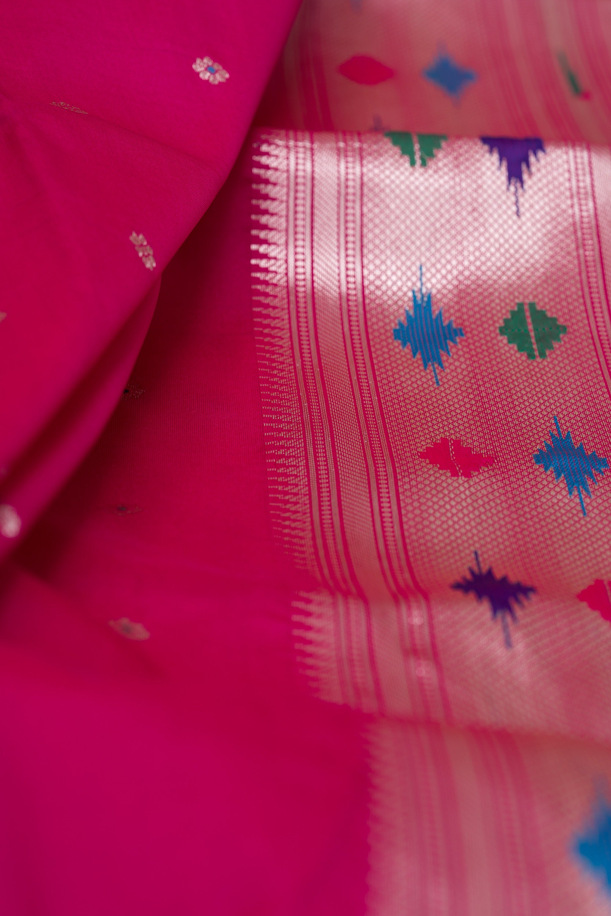 Rani Pink Katan Silk Paithani Saree with Multicolour Munya border and Śuka-Mayūra Pallu