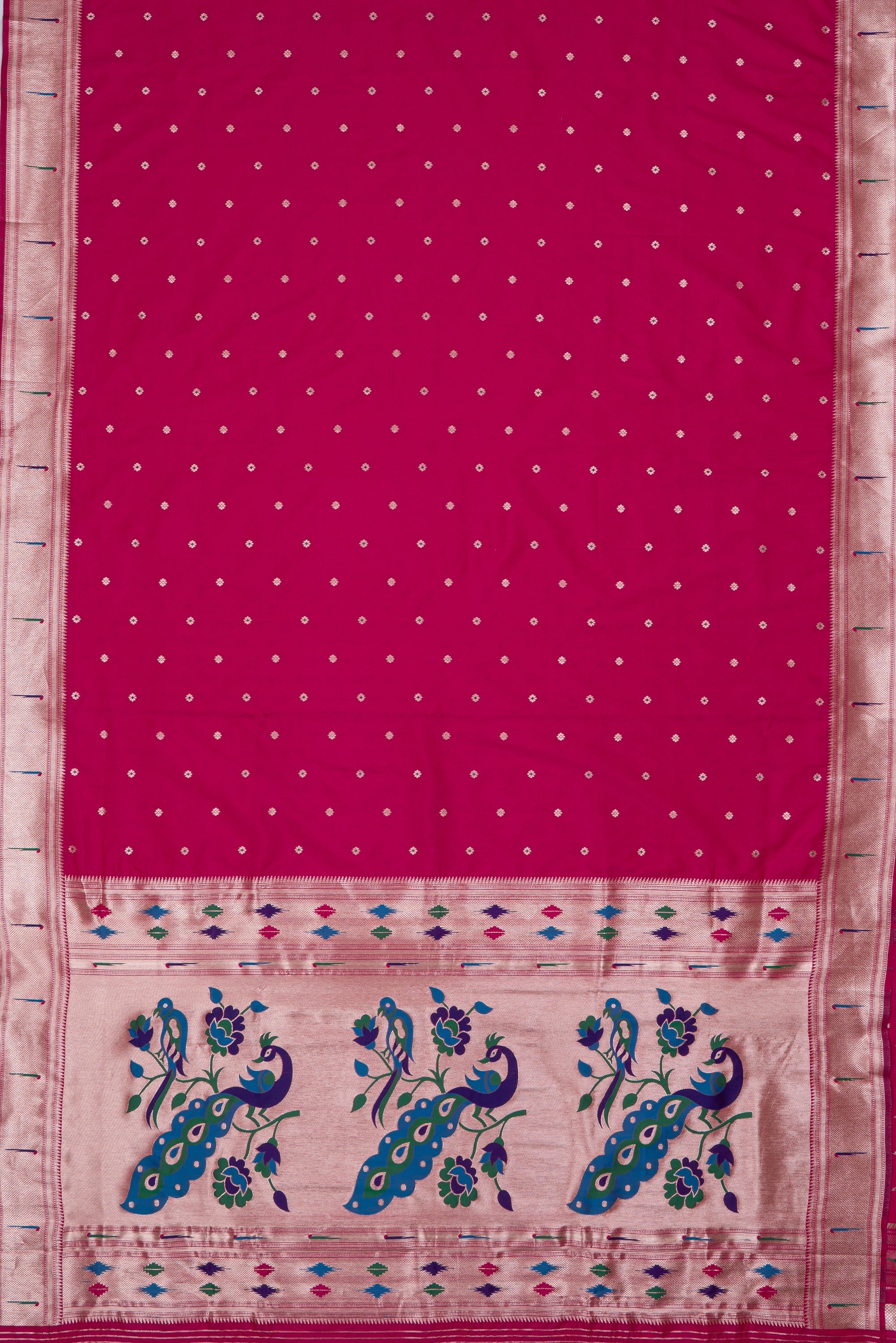 Rani Pink Katan Silk Paithani Saree with Multicolour Munya border and Śuka-Mayūra Pallu