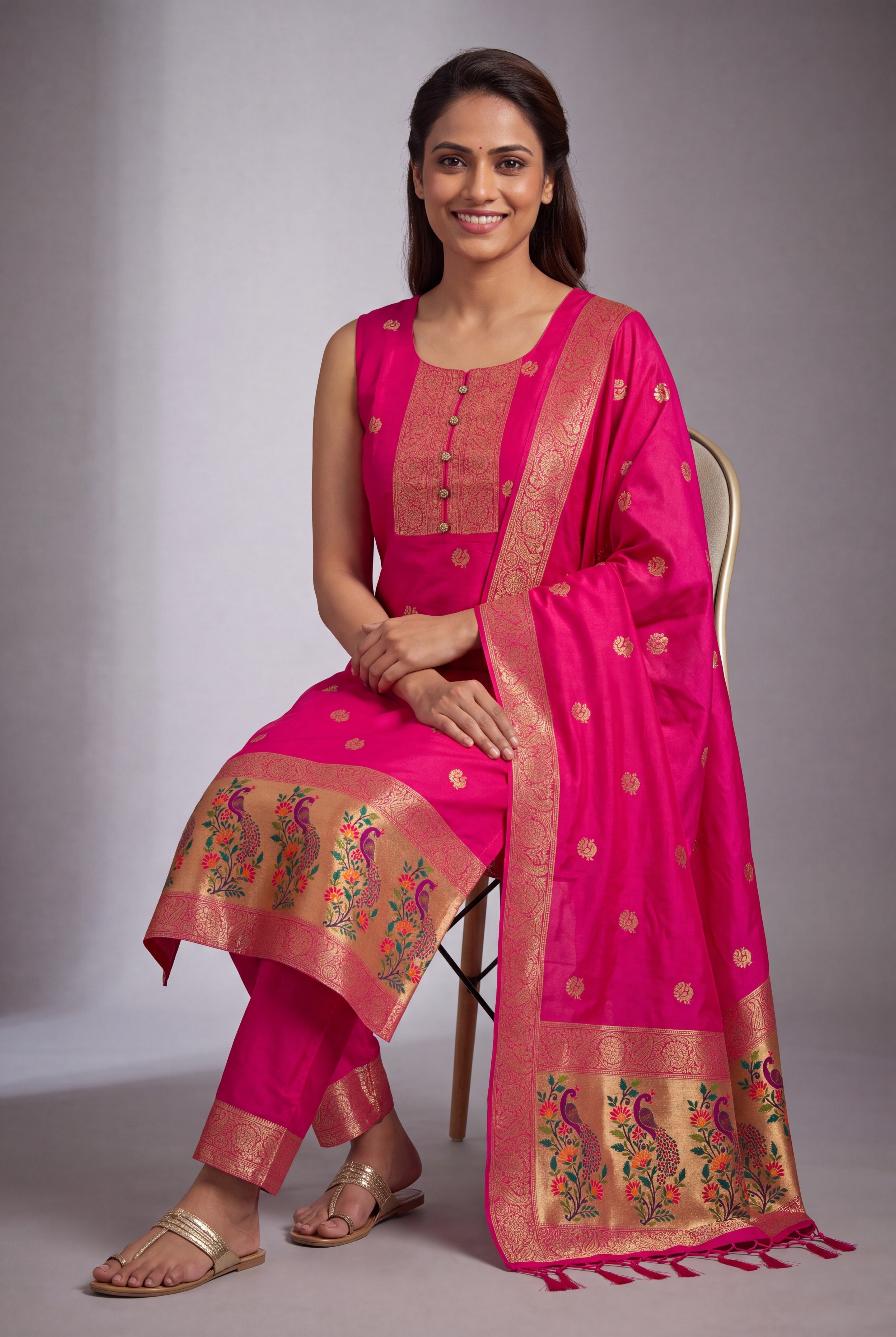 Rani Pink Soft Silk Paithani Suit Set with Resham threadwork
