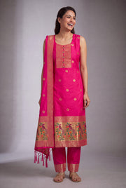 Rani Pink Soft Silk Paithani Suit Set with Resham threadwork