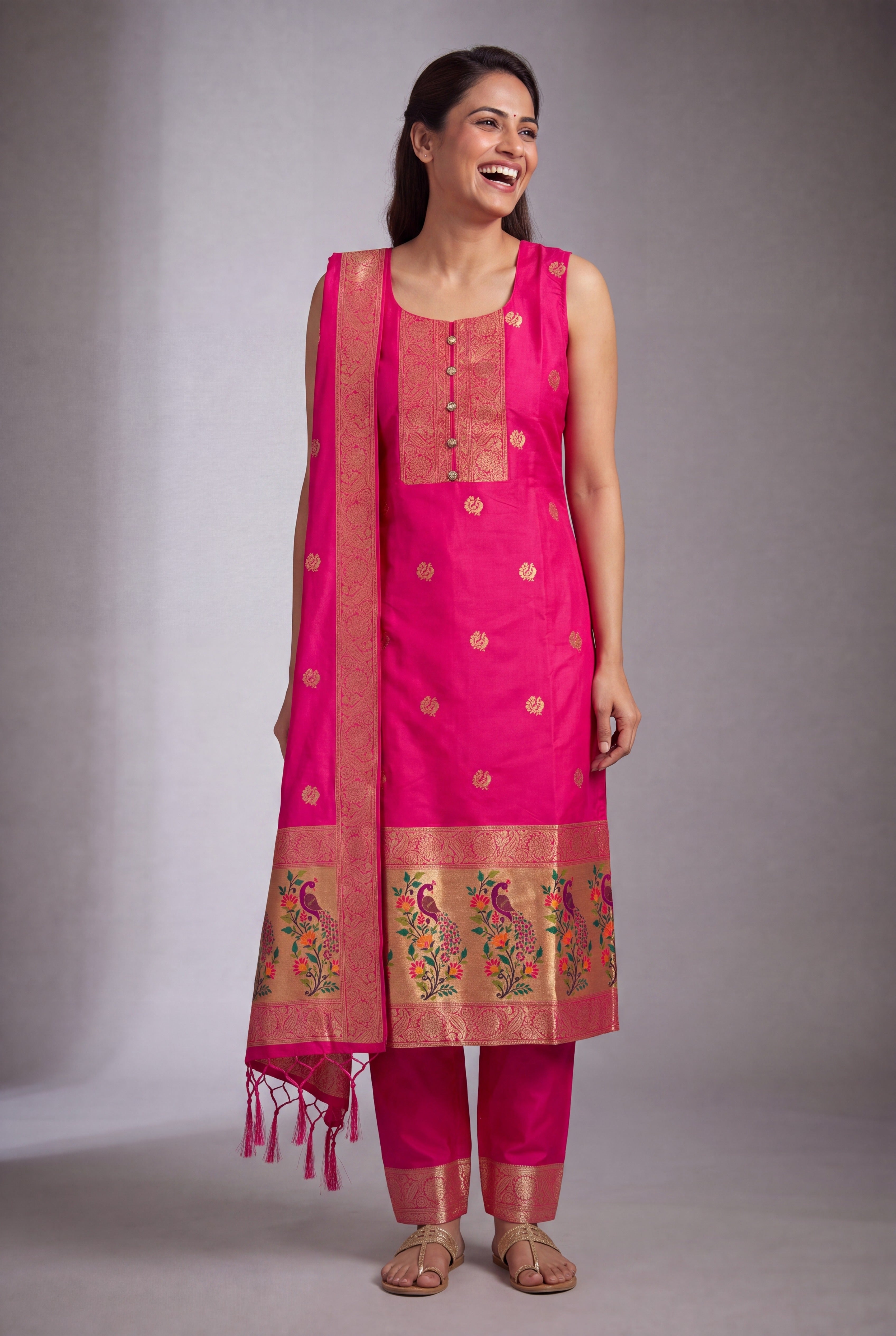 Rani Pink Soft Silk Paithani Suit Set with Resham threadwork